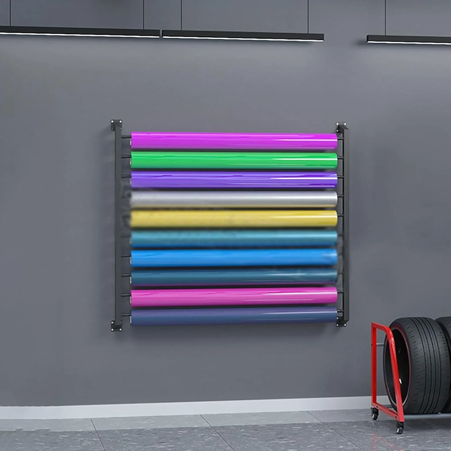 Soporte metálico de 10 niveles para vinilo de coche, expositor de rollos de tela para pared con barra ajustable, organizador de papel tapiz para películas de ventanas de coche comerciales, para garaje