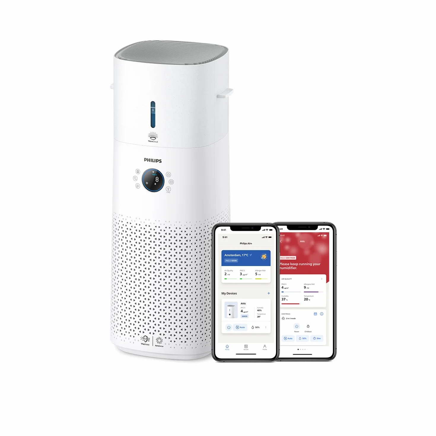 Philips Purificador de aire y humidificador 2 en 1 Serie 3000; 131 m2; filtro NanoProtect HEPA y carbón activo que elimina el 99;97% de todas las partículas invisibles; Blanco (AC3737/10)