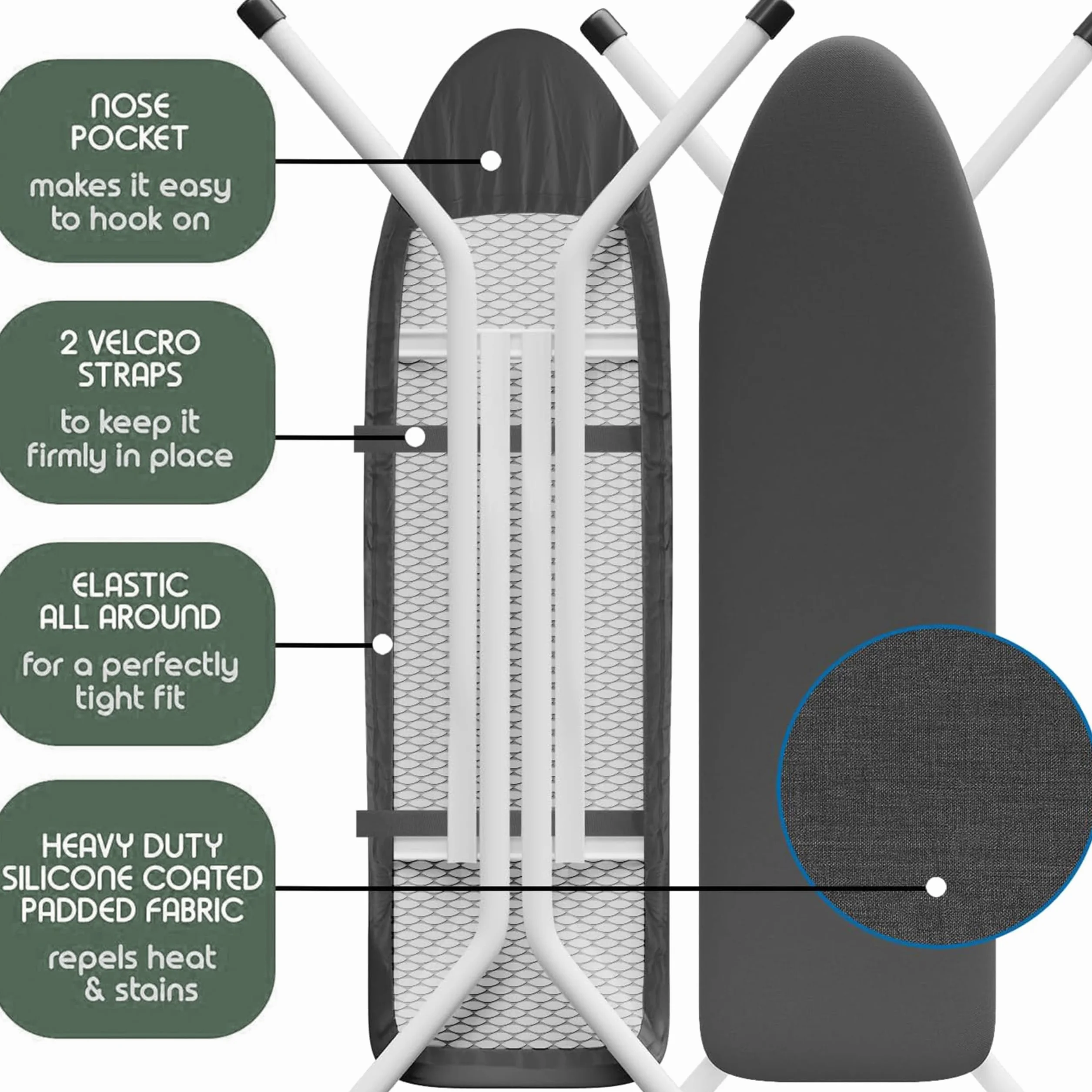 Hearth & Harbor Ironing Board Cover and Pad 15x54 Full Size, Thick Heavy Duty Scorch Resistant Padding Elastic Edge Hook & Loop Fastener, Iron Board Cover with Padding, Grey