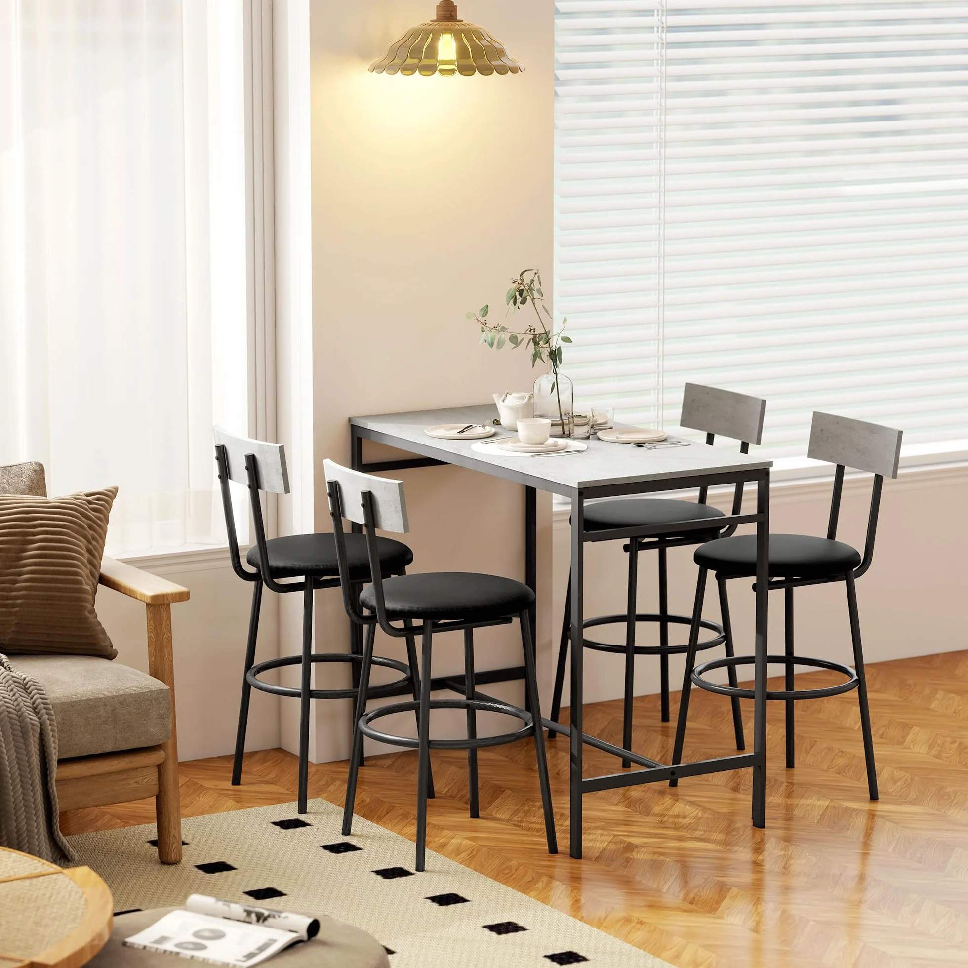 HOMCOM Juego de Mesa de Bar con 4 Taburetes de Cuero PU, Sillas de Bar y Cocina Ahorran Espacio, Patas de Acero, Estilo Moderno, Mesa Alta para Comedor