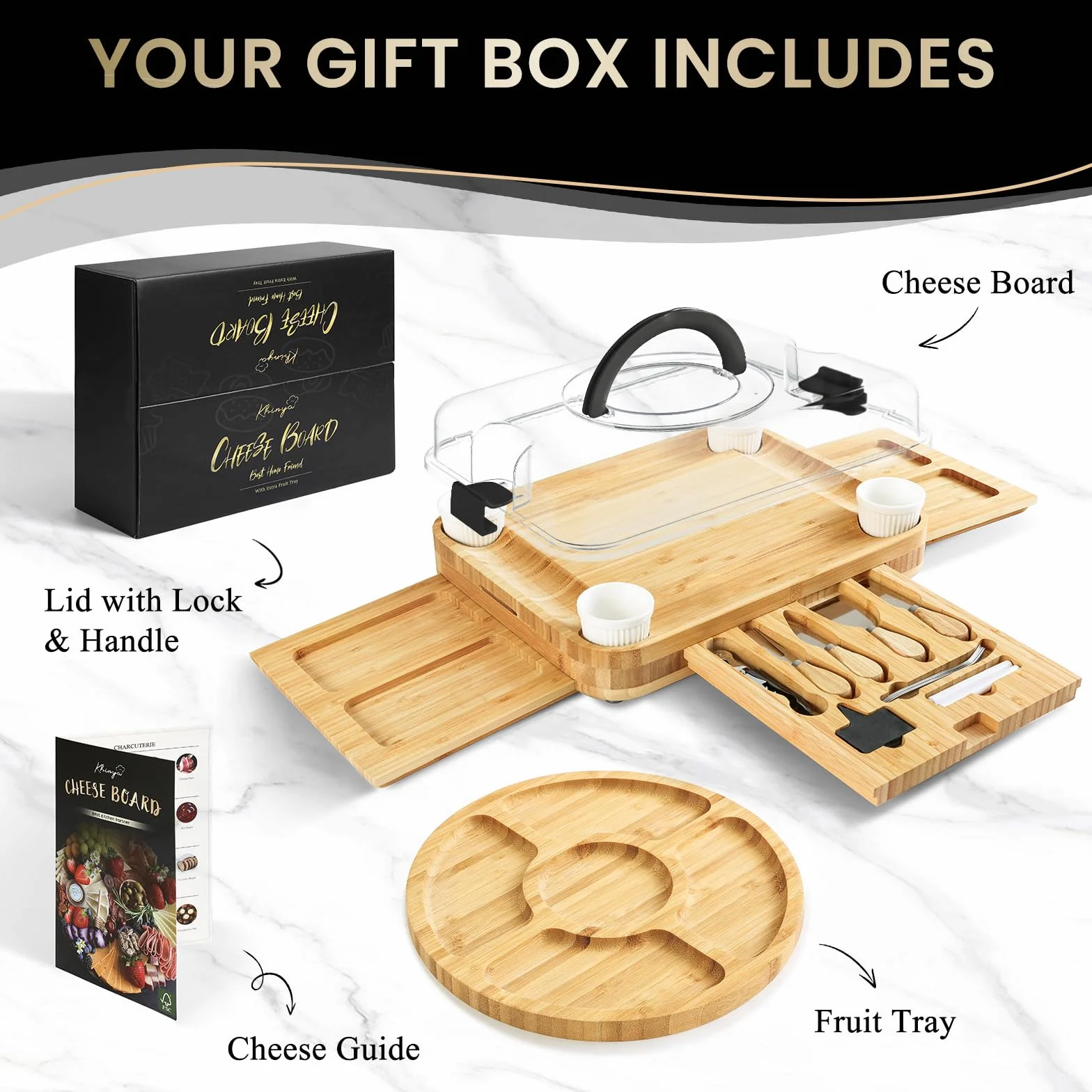 KHINYA Tablas de charcutería, juego de tablas de queso, tabla de charcutería con tapa, regalos para mujeres, plato de queso para inauguración de la casa, práctico diseño de tapa con asa (3 cajones,