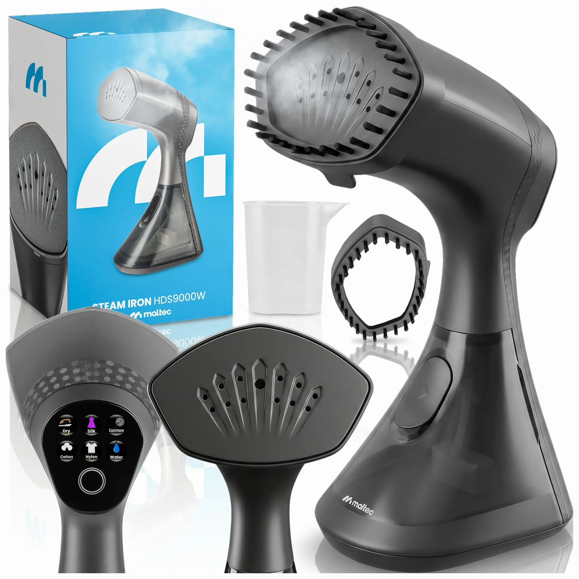 MalTec Plancha de vapor, 2000 W, cepillo de vapor de 4 niveles, depósito de agua de 320 ml, vaporizador de ropa, plancha de viaje de viaje, suela de cerámica, control táctil, plancha de mano portátil