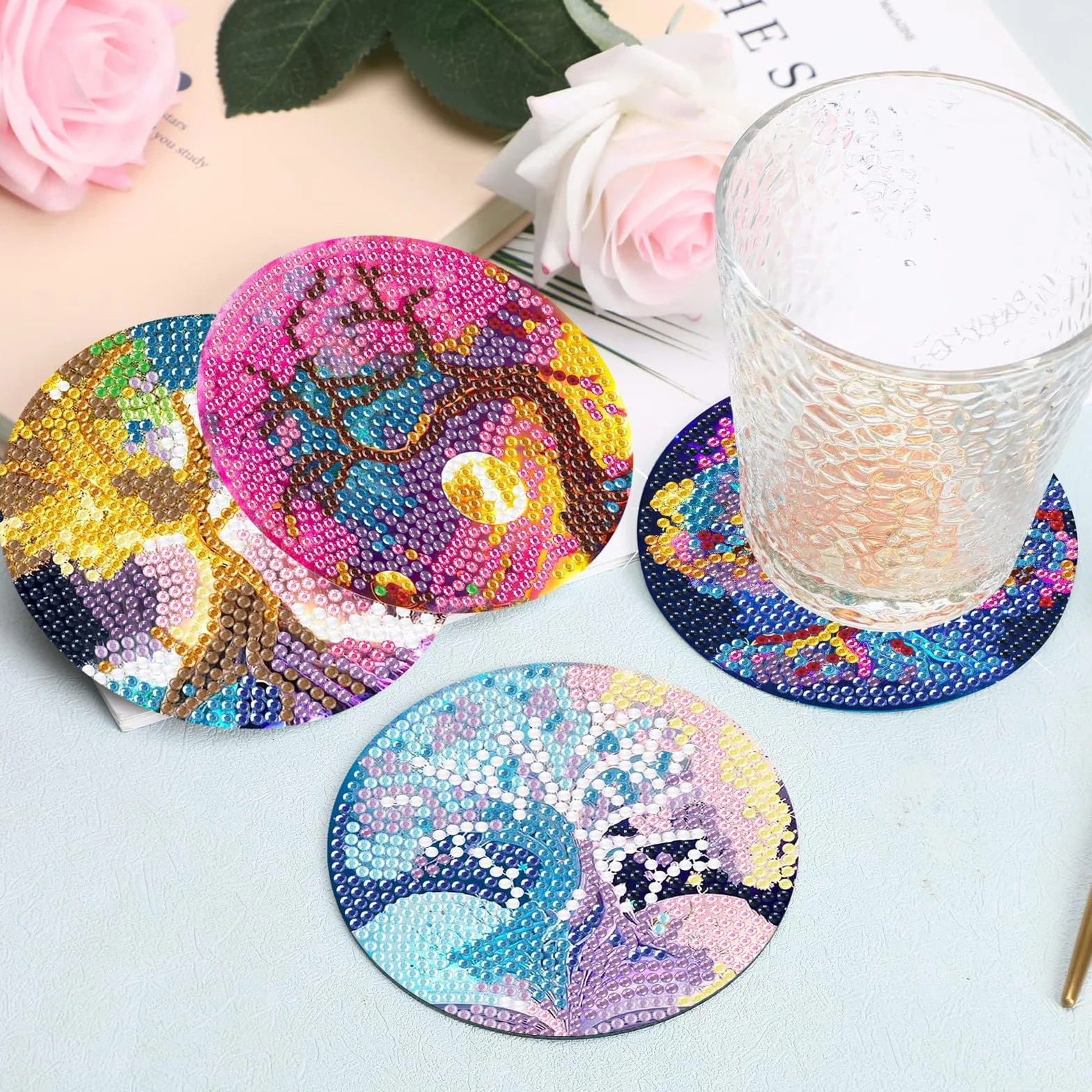 Posavasos Pintura Diamante con Soporte, DIY Mandala Flor de la Vida Diamond Painting