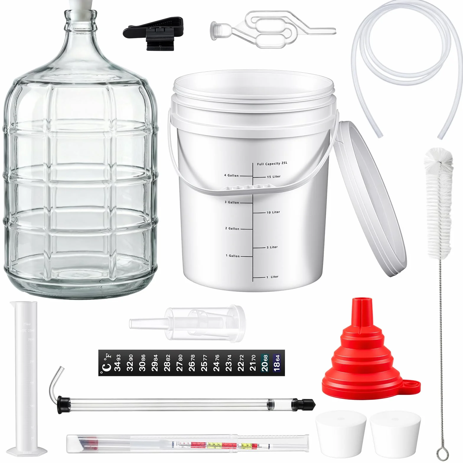 Ziliny El kit para hacer vino incluye Carboy de 5 galones, cubo y tapa de 6.5 galones, sifón automático, hidrómetro, probador de porcentaje de alcohol, relleno de botellas, cierre de aire, embudo de