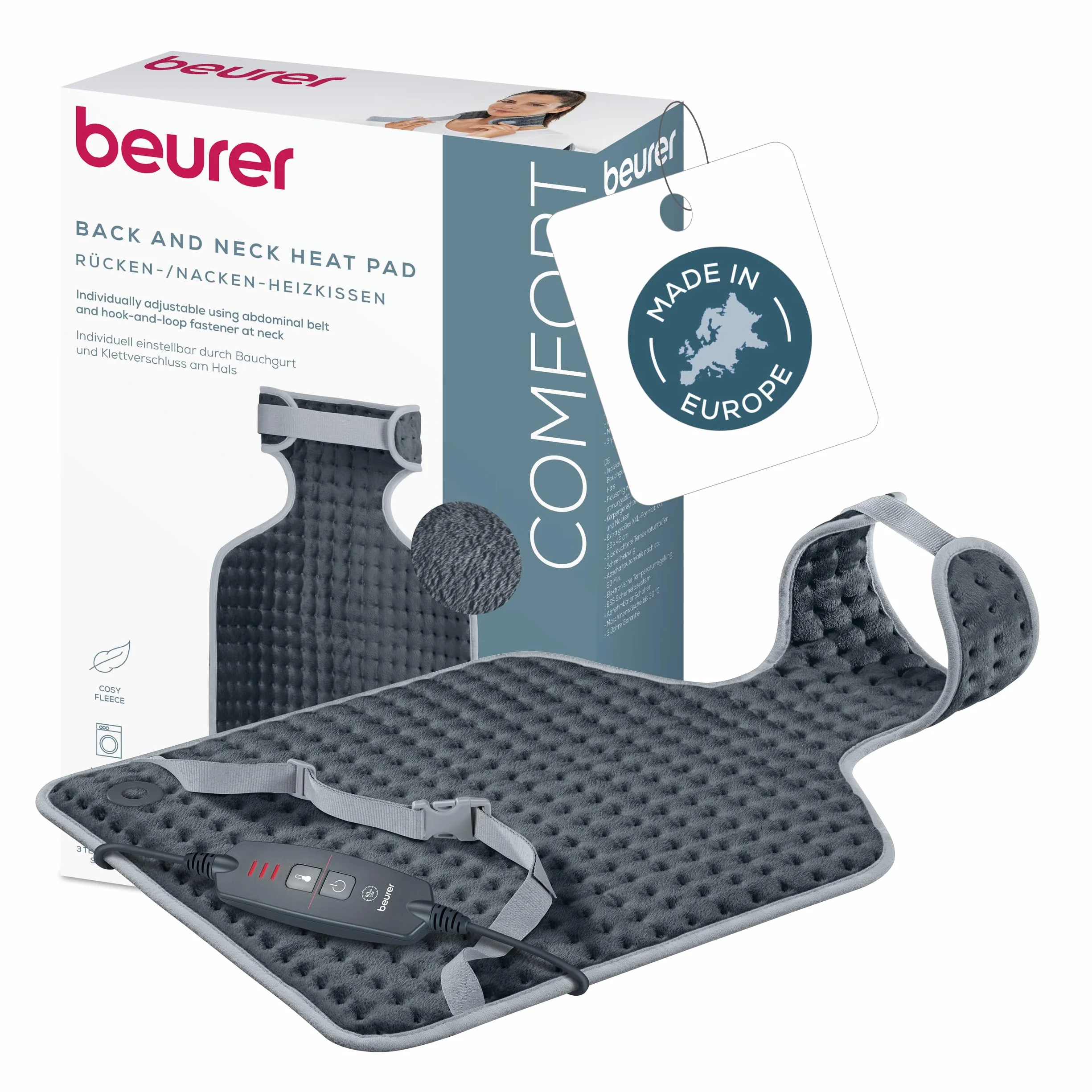Beurer HK 64 Grey Almohadilla eléctrica, con rápido calentamiento y mecanismo de desconexión automática con forma anatómica, 3 niveles de temperatura, lavable, con cinturón abdominal