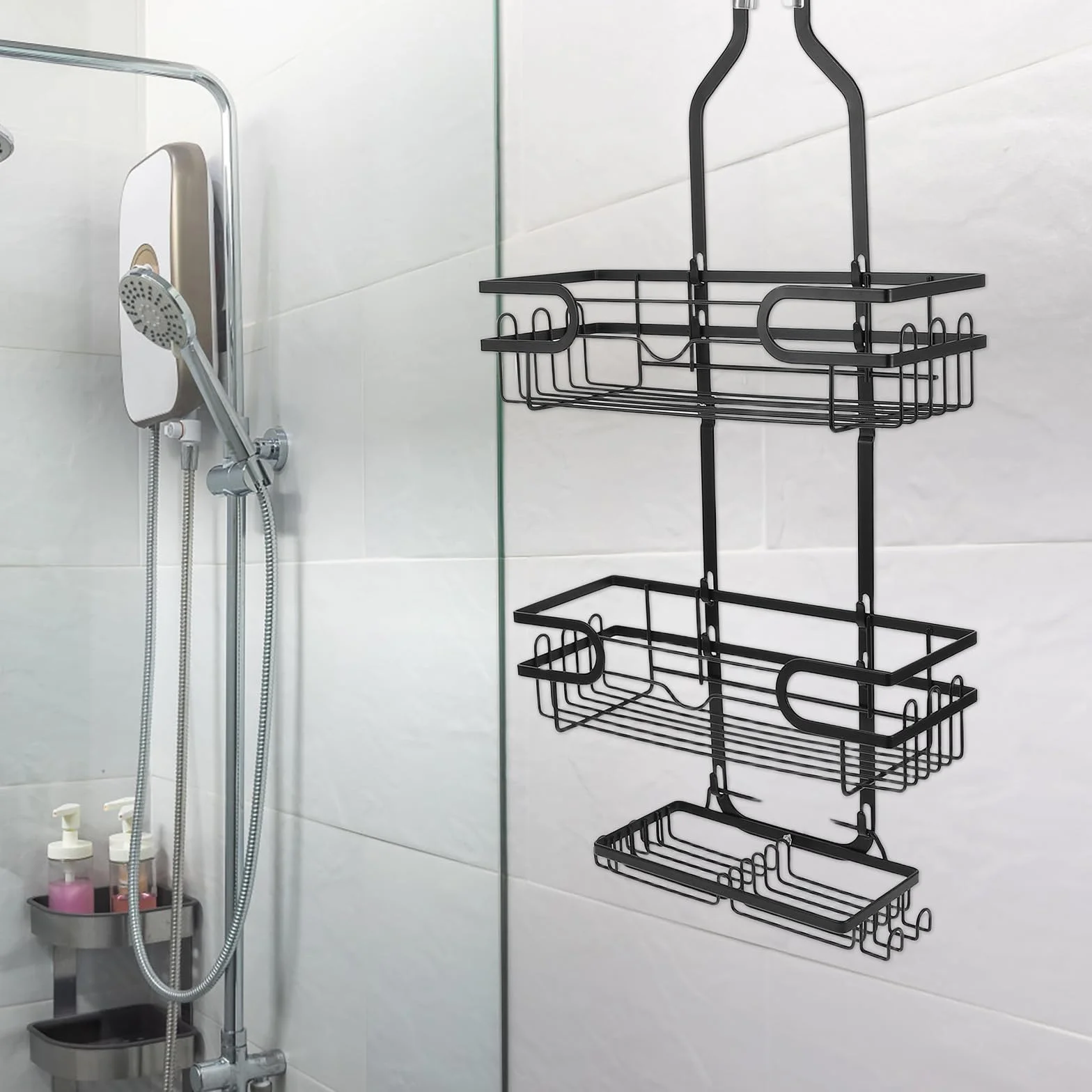Cabilock Estante de Ducha Colgante 3 Niveles con Ganchos para Baño Organizador de Champú y Jabón con Drenaje para Secado Rápido