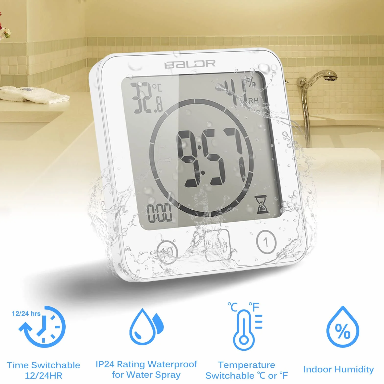 Cyfrowy Zegar Łazienkowy z Wilgotnością i Temperaturą, Wodoodporny, Dotykowy, LCD, Alarm, Biały