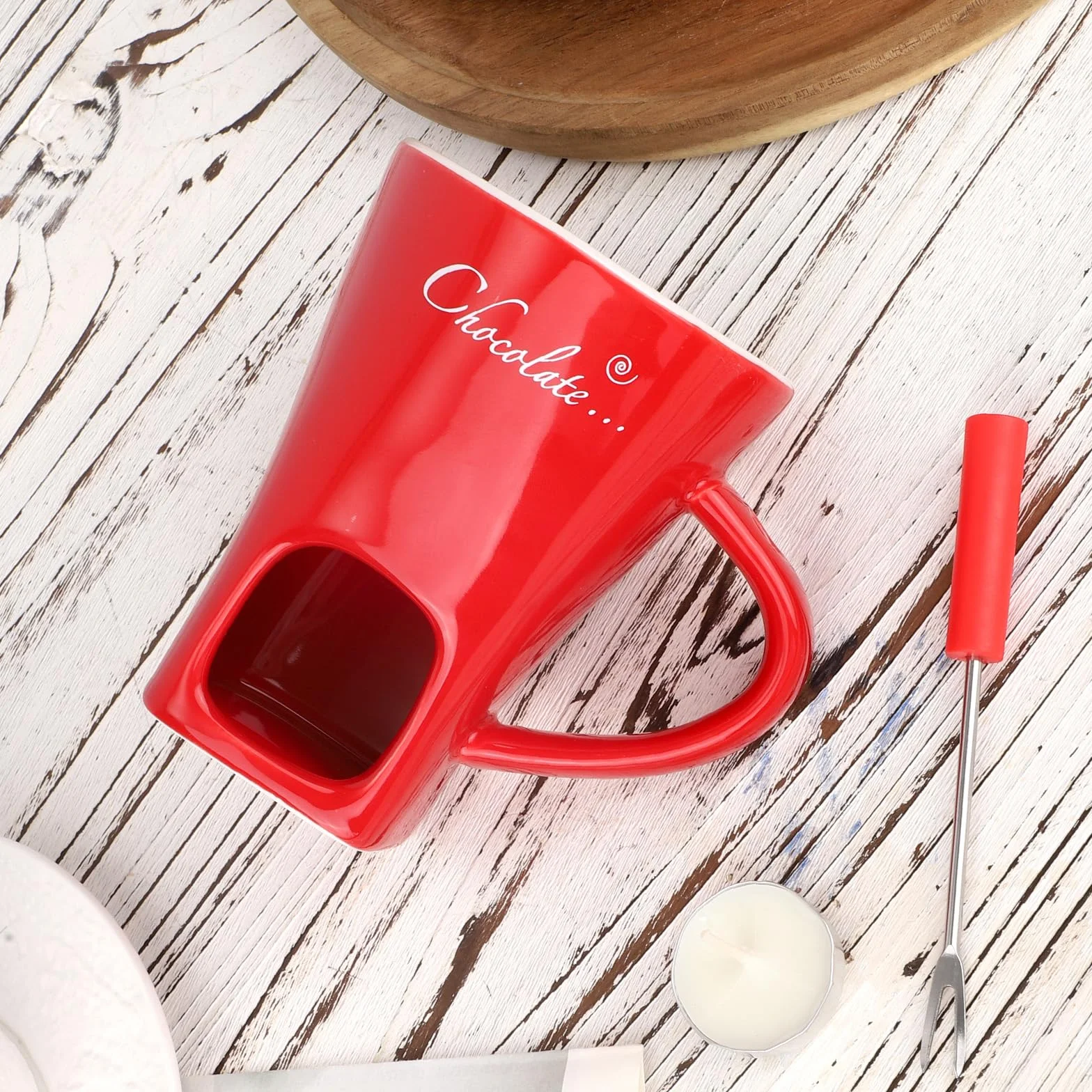 Juego Tazas para Fondue de Chocolate, Cerámica Mini Olla Fondue con Tenedor y Calentador de Velas, Rojo