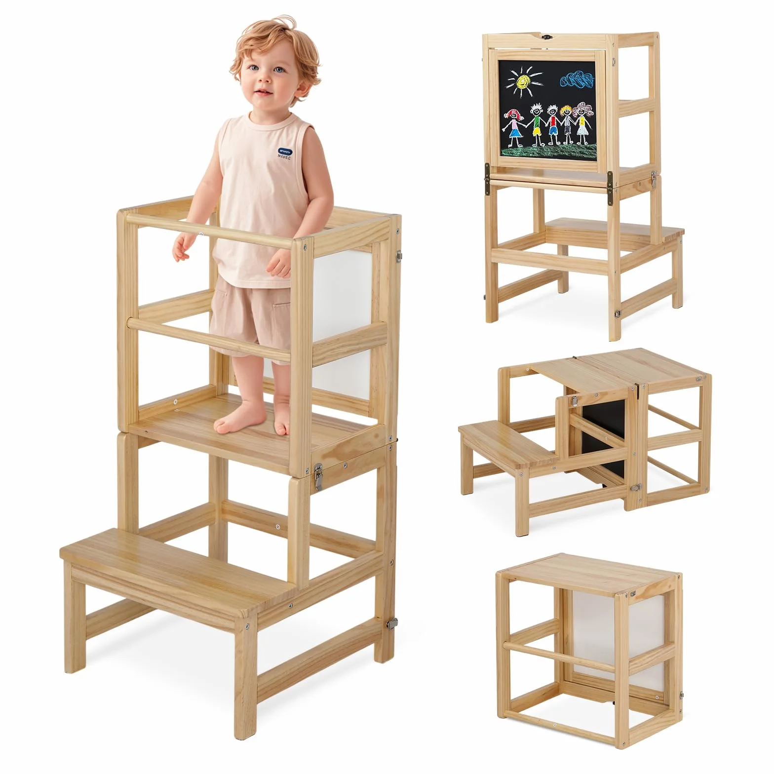 Bonnlo Torre de Aprendizaje Plegable de Madera, Escalera Infantil 4 in 1 con Pizarra, Convertible en Mesa y Silla, hasta 60 KG, Desde 3 Años, Natural
