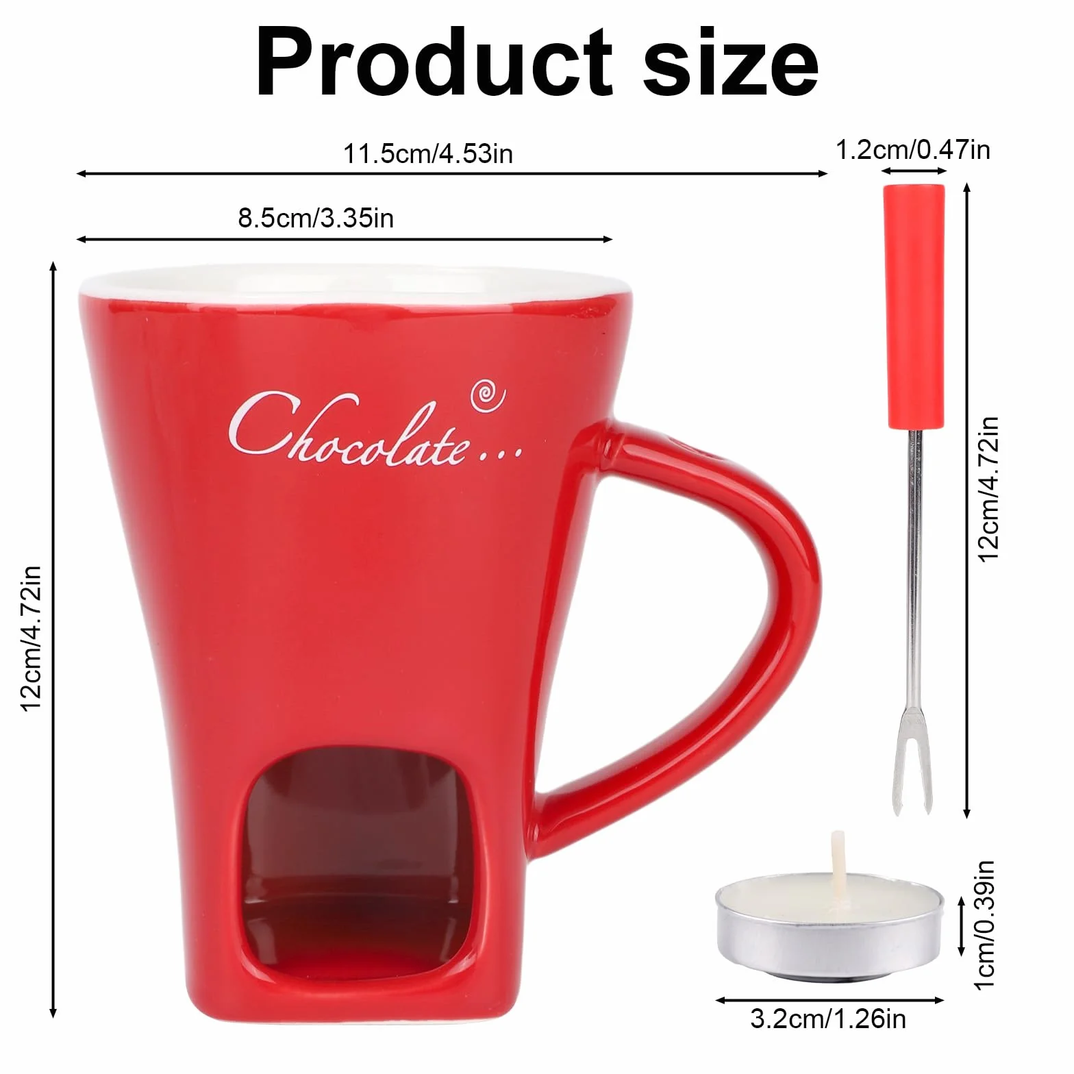 Juego Tazas para Fondue de Chocolate, Cerámica Mini Olla Fondue con Tenedor y Calentador de Velas, Rojo
