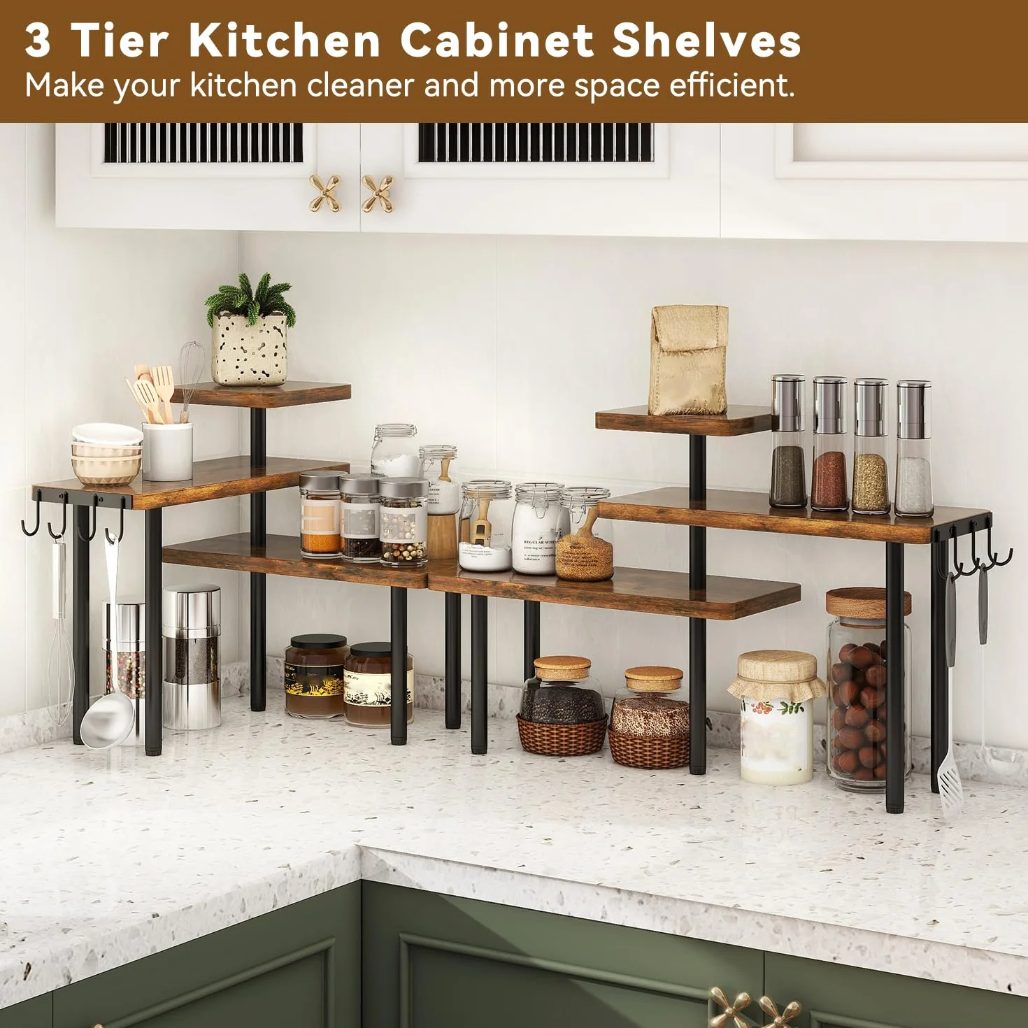 IBUYKE Estantería esquinera para Cocina, Estante para Especias de 3 niveles,4 ganchos,organizador de almacenamiento de especias,Estante de Pie,para baño, mostrador,armario,marrón rústico,TLJ023H