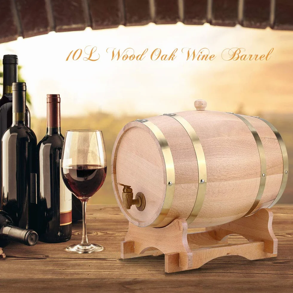 Barril de vino de roble, 10 L, práctico, duradero, de madera de roble, con soporte de madera para whisky Bourbon Tequila vino vinagre cerveza