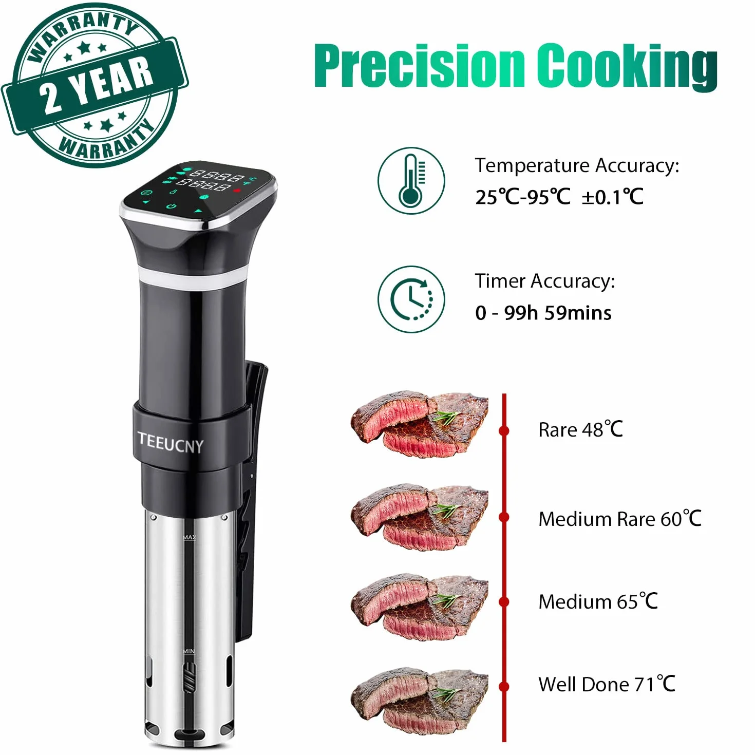 Sous Vide Aparato de Cocina Precisión, Máquinas para Cocinar al Vacío, Circulador de Inmersión Termal con Pantalla LCD Legible, Temporizador Ajuste de Temperatura, Noxidable Libre de BPA 1100W