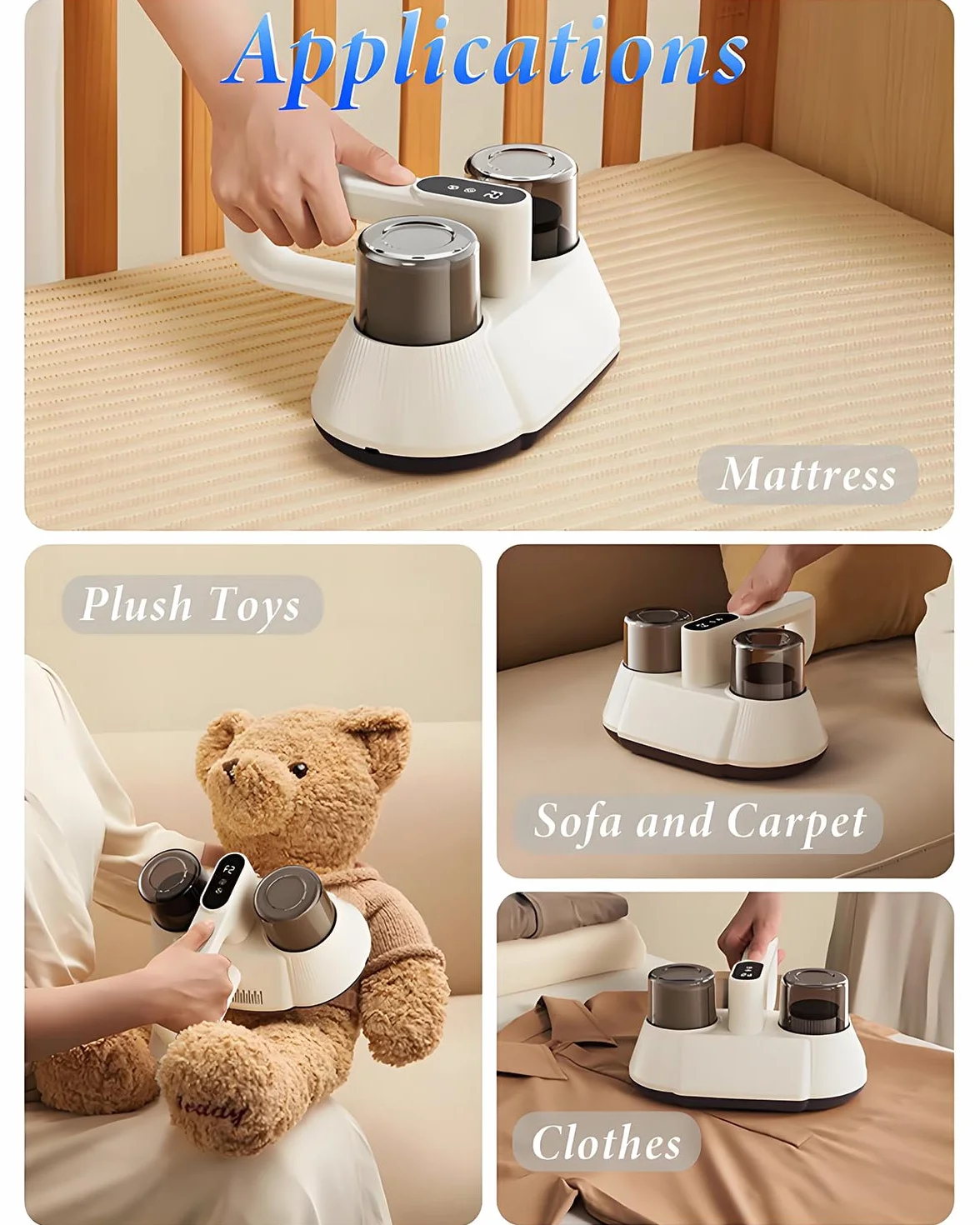 Aspirador de ácaros para colchones, 100 W, portátil, inalámbrico, con doble aspiradora y UV-C y ultrasonido para la limpieza de ropa de cama y sofá