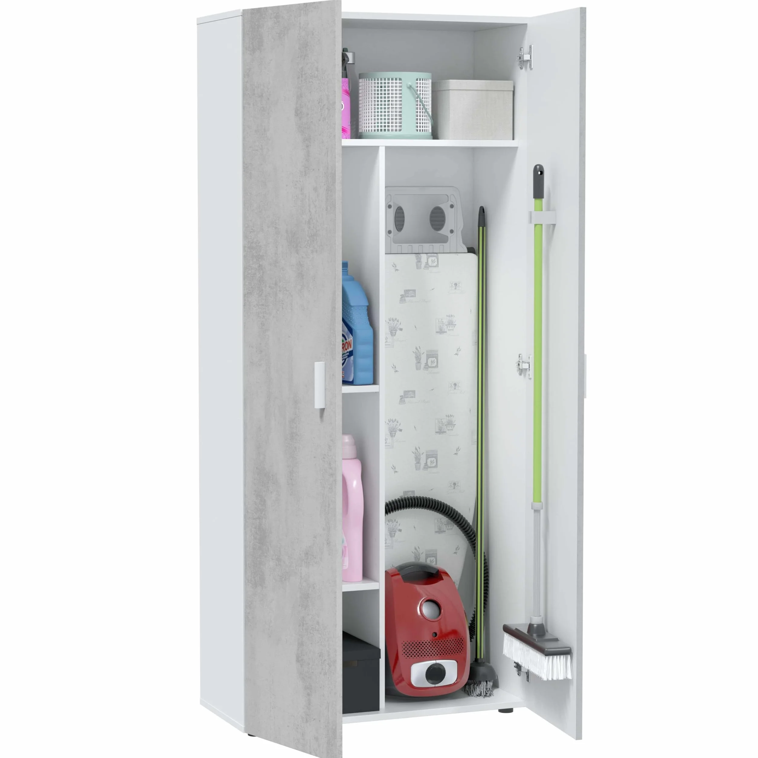 Habitdesign Armario Multiusos 2 Puertas 3 Estantes, 182x80x37 (AltoxAnchoxFondo - en cm), Armario Escobero Color Blanco Artik y Cemento