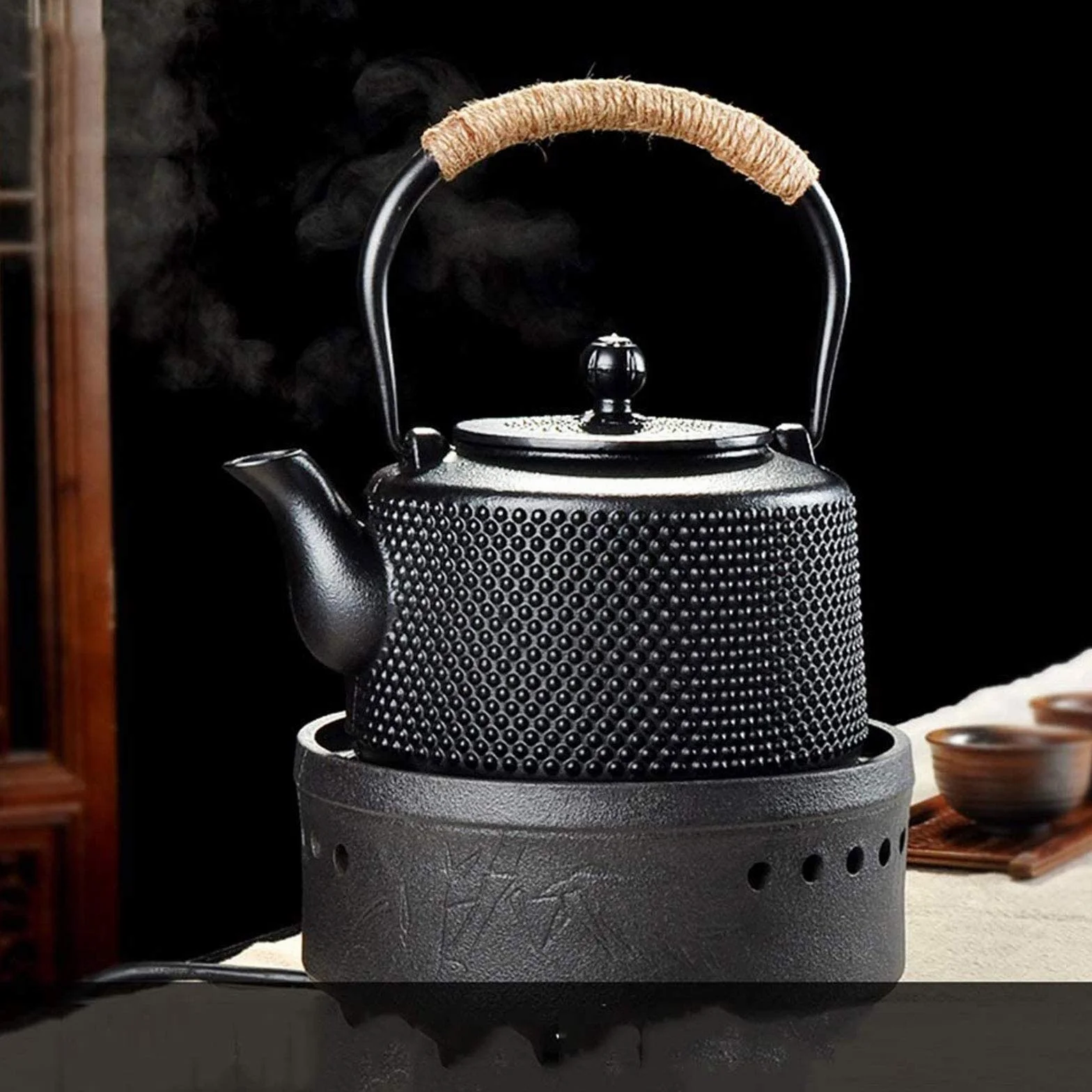 Tetera 1600ml Tetera De Hierro Fundido Japonés Grande con Infusor/Filtro De Acero Inoxidable, Antiguo Punto Pequeño Tetal Tetal Tetal como Regalo Negro