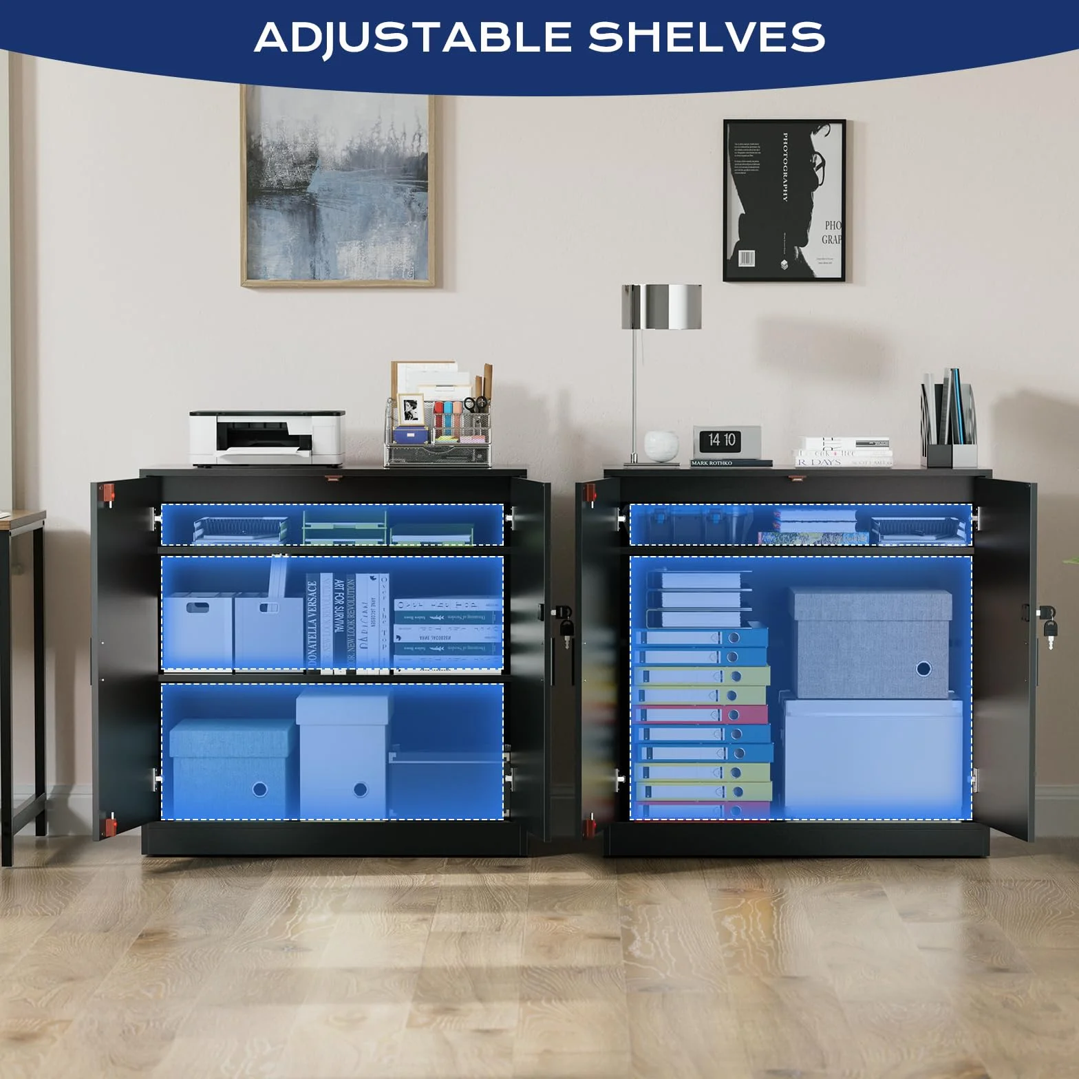Armario Oficina con Cerradura Llave 2 Puertas, Armario Multiusos Almacenaje para Cocina Archivador Oficina Dormitorio Garaje Herramientas y Salon, Baldas Ajustable, 87 cm Fondo, Negro