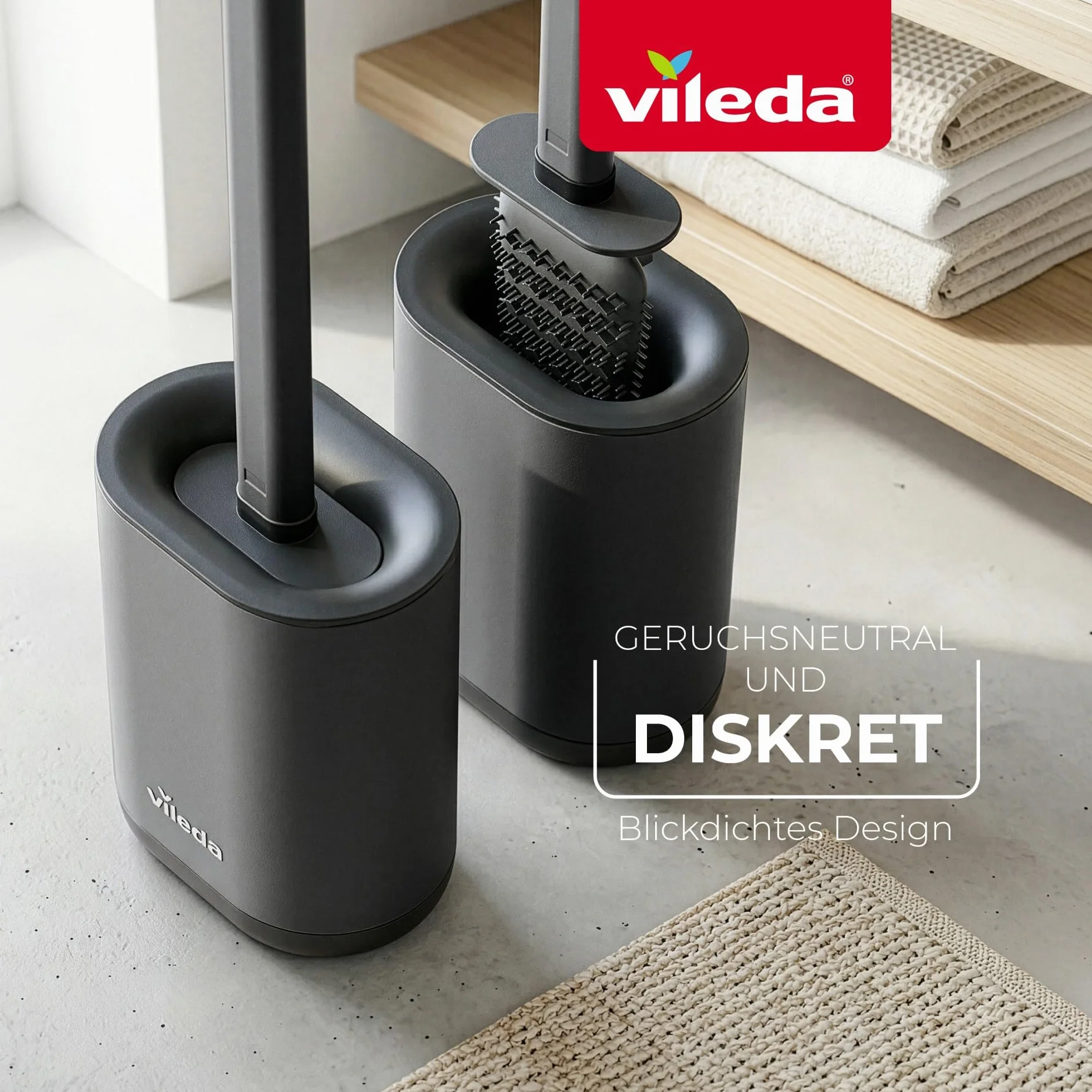Vileda Cepillo WC de Silicona con Cabezal Flexible y Mango de Acero Inoxidable – Escobilla WC 2 Zonas de Limpieza Higiénico