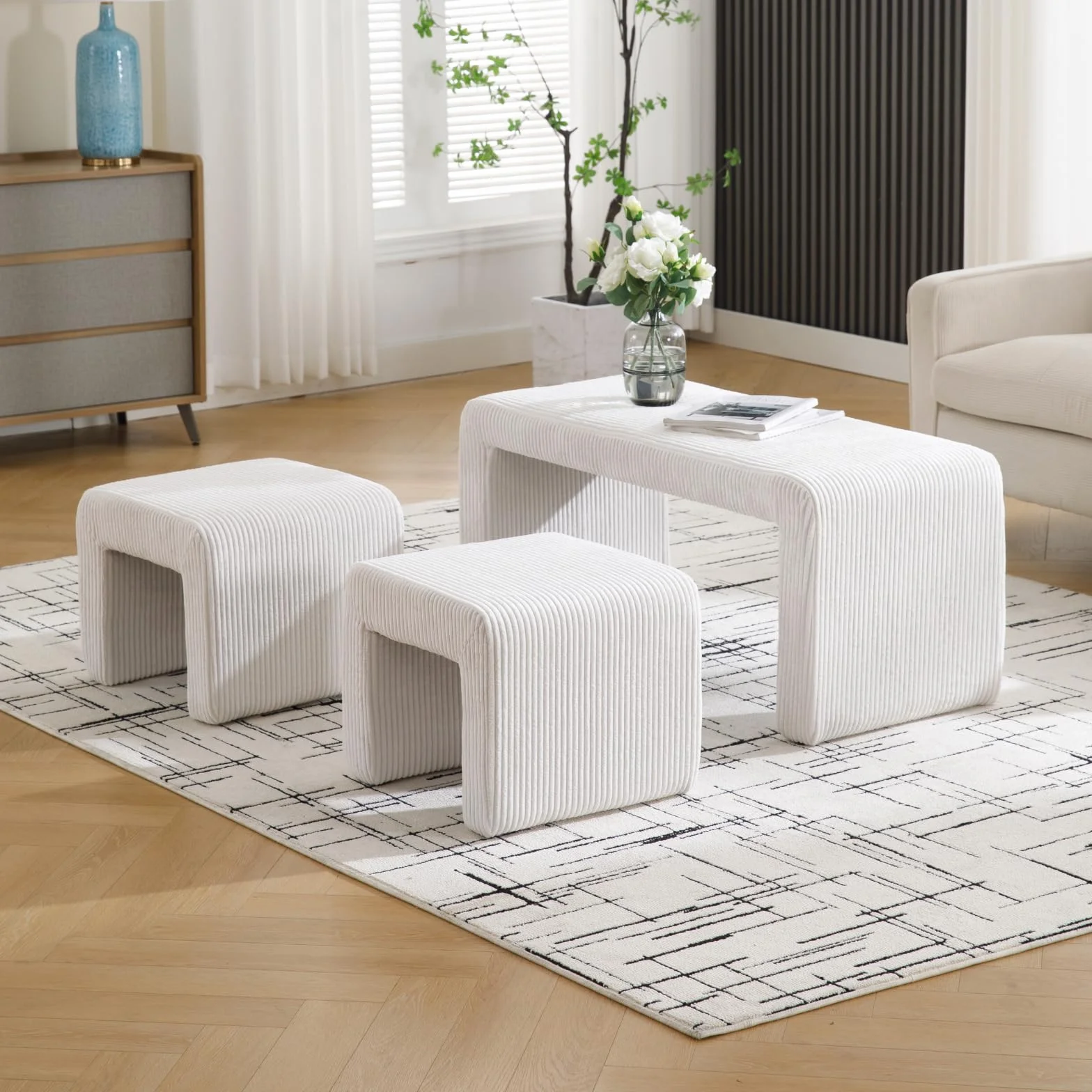 Chairus Banco Dormitorio Tapizado de Pana Moderno con 2 Taburetes de Salón Pequeños, de Entrada Montables para Hogar/Sala de Estar, Blanco