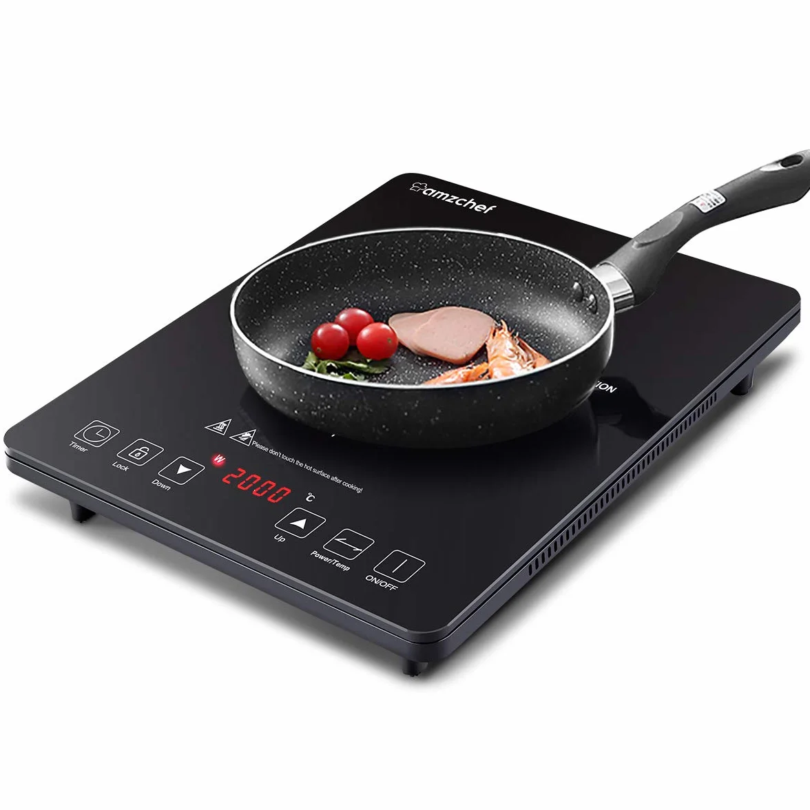 Placa Inducción Portatil AMZCHEF, placa de inducción de 2000 W con cuerpo delgado, 20 niveles de potencia, 20 configuraciones de temperatura, temporizador de 3 horas, negro