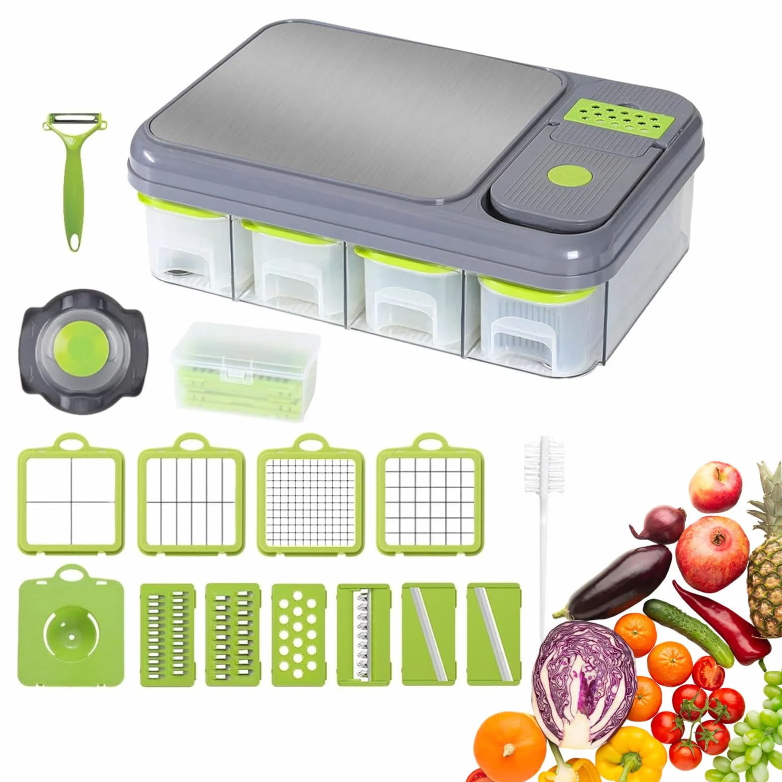 Estación de preparación de verduras todo en 1 con tabla de cortar integrada, picadora de verduras con cuchillas, cortador de mandolina, cortador de ensalada, cebolla, patatas, rallador de queso,