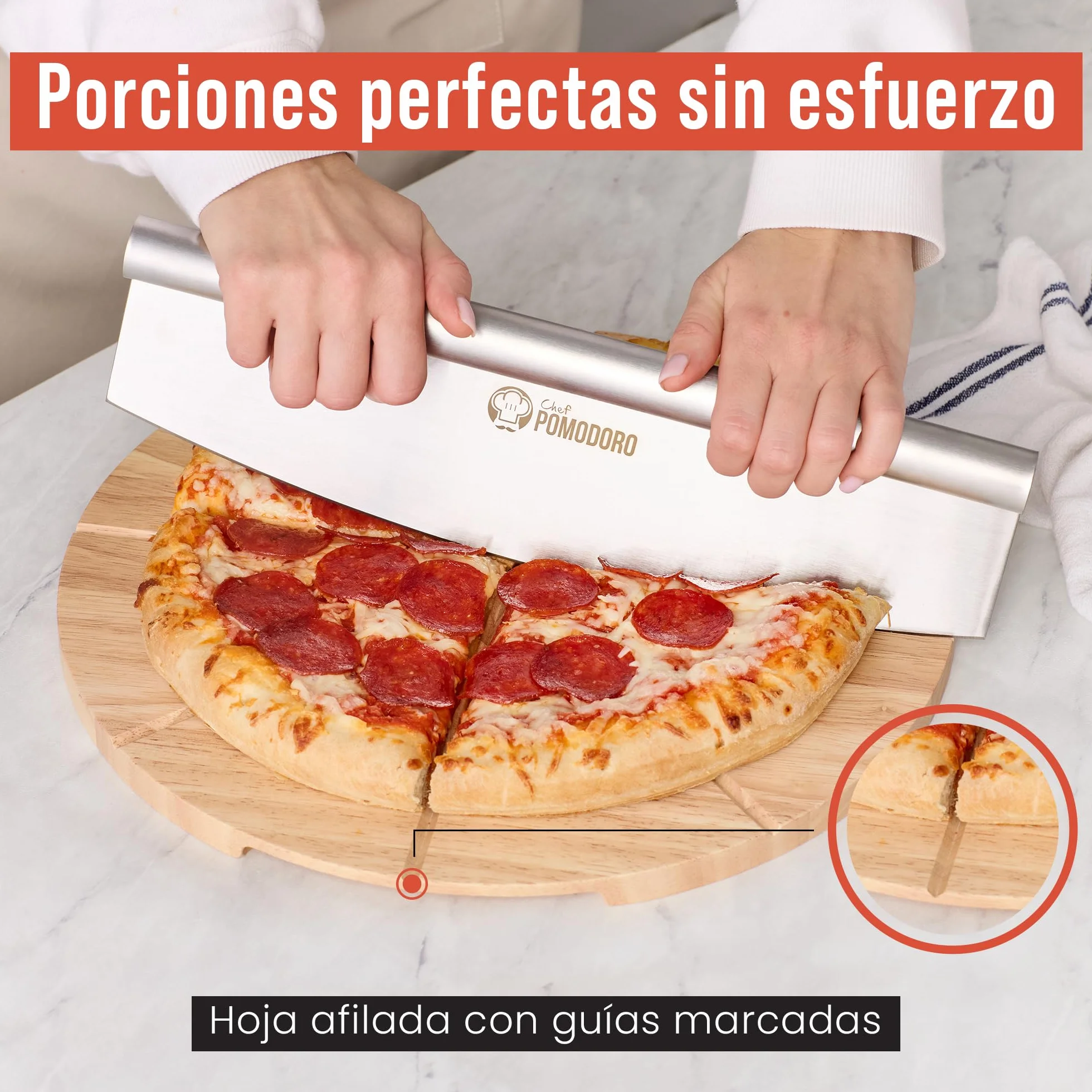Chef Pomodoro Cortador de Pizza 14" Cuchilla Oscilante Acero Inoxidable Tabla Madera