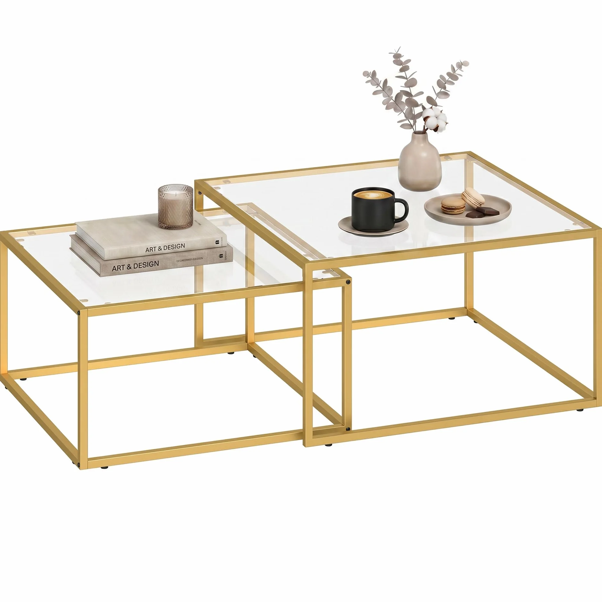 HOMCOM Set de 2 Mesas de Centro Cuadradas Modernas 75x75x42cm Dorado | Mesas Nido, Tablero de Vidrio Templado, Estructura Metálica, Ahorra Espacio, para Salón, Dormitorio u Oficina
