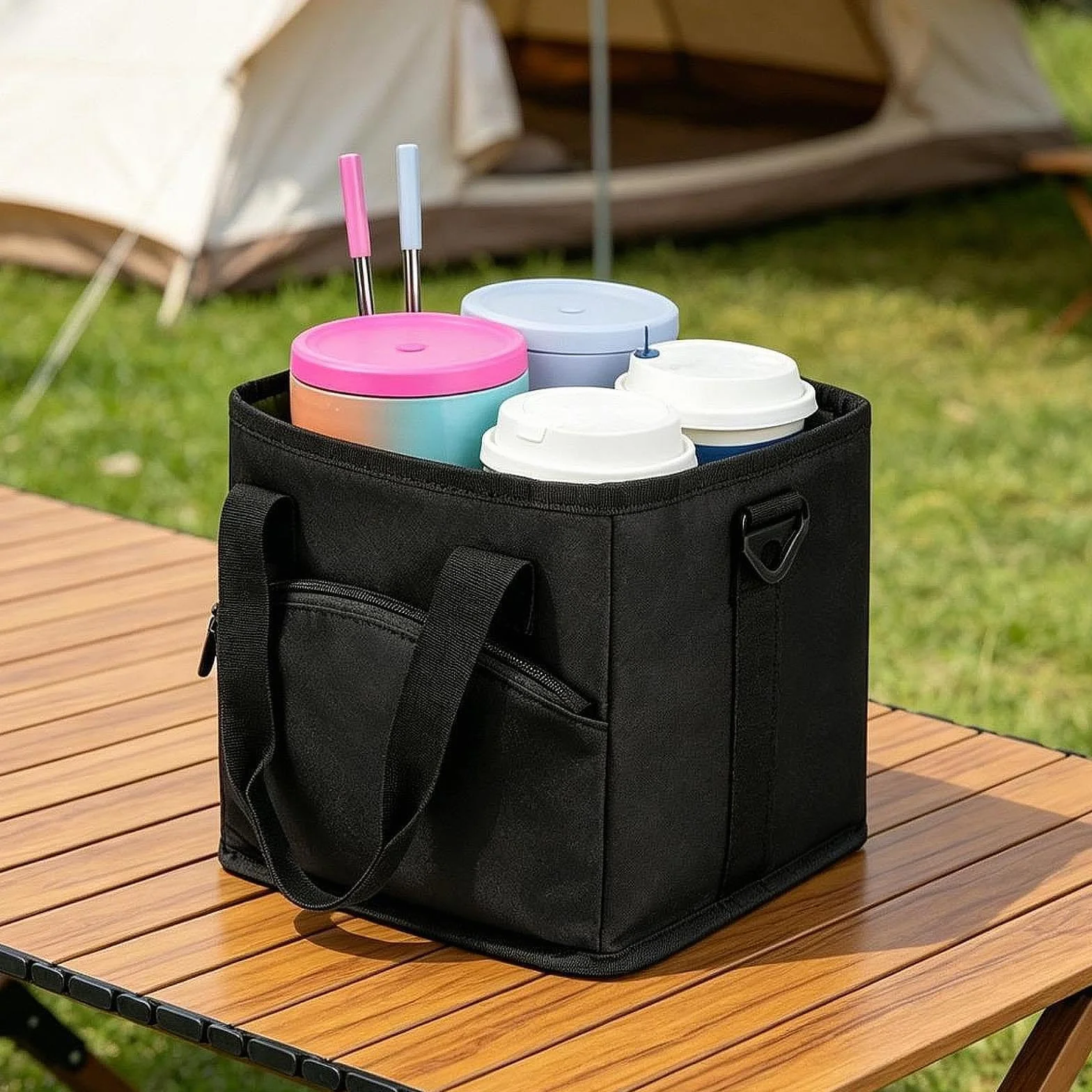 Bolsa para Bebidas Plegable Y Reutilizable con Cuatro Compartimentos, Soporte Isotérmico para Botella de Agua, Diseño Ligero E Impermeable Y Longitud, Negro, Individual