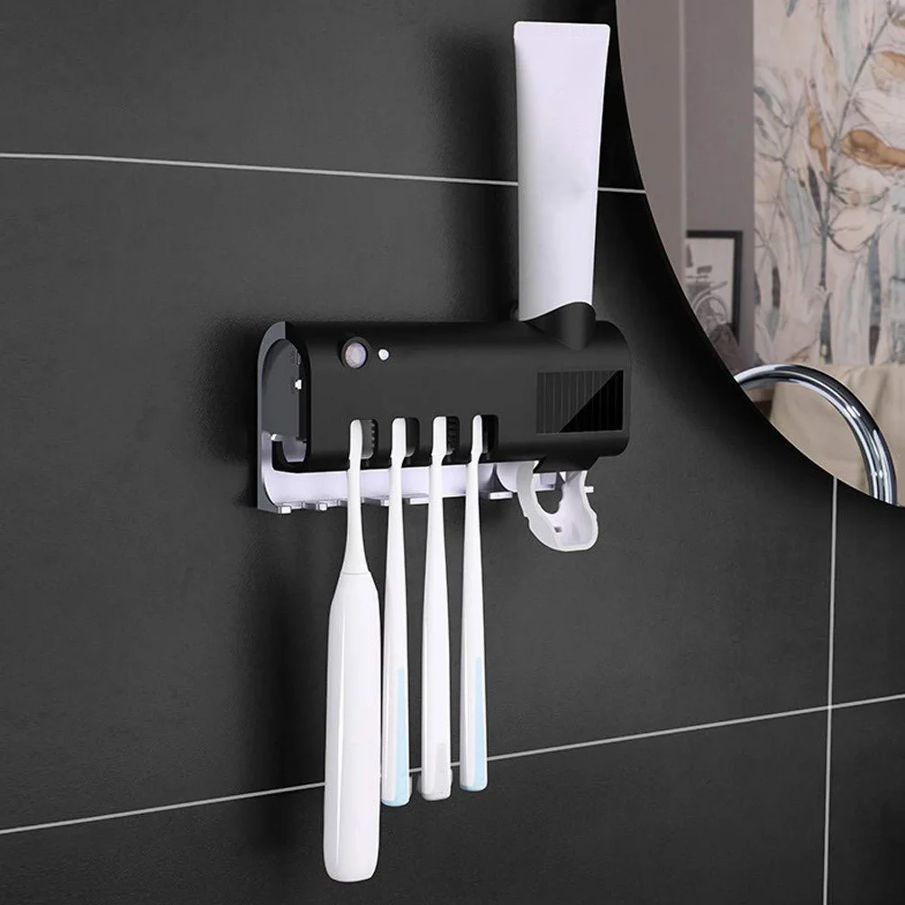 Soporte desinfectante para cepillos de dientes con dispensador automático de pasta de dientes, inducción corporal, capacidad de 5 cepillos de dientes, montaje sin calcomanías,