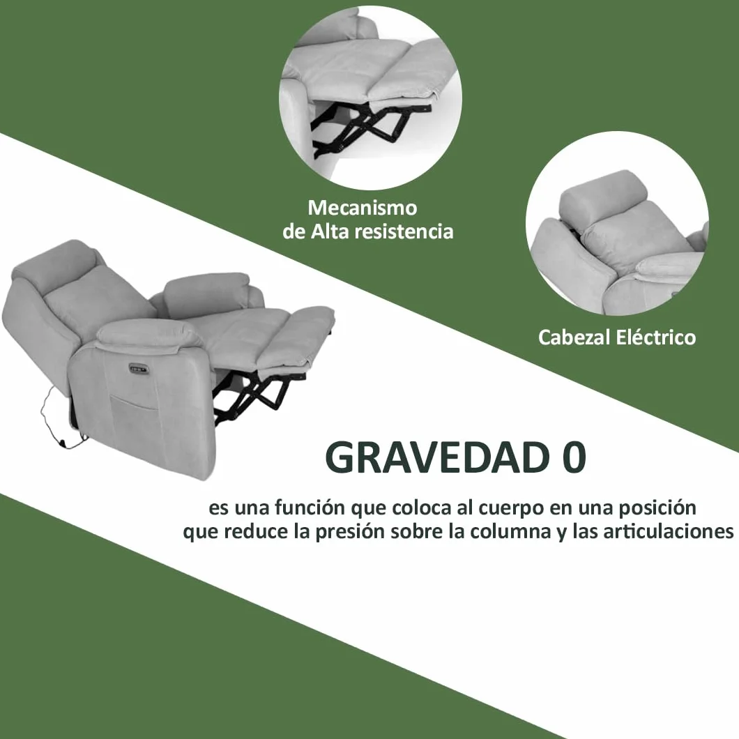Genérico Sillon Relax Reclinable Electrico, Gravedad Cero | Desenfundable, Botonera Cromada con Puerto USB | Madera de Pino | Sillones Reclinables | Relax | Silla Sofa | Electrico Moderno | Gris