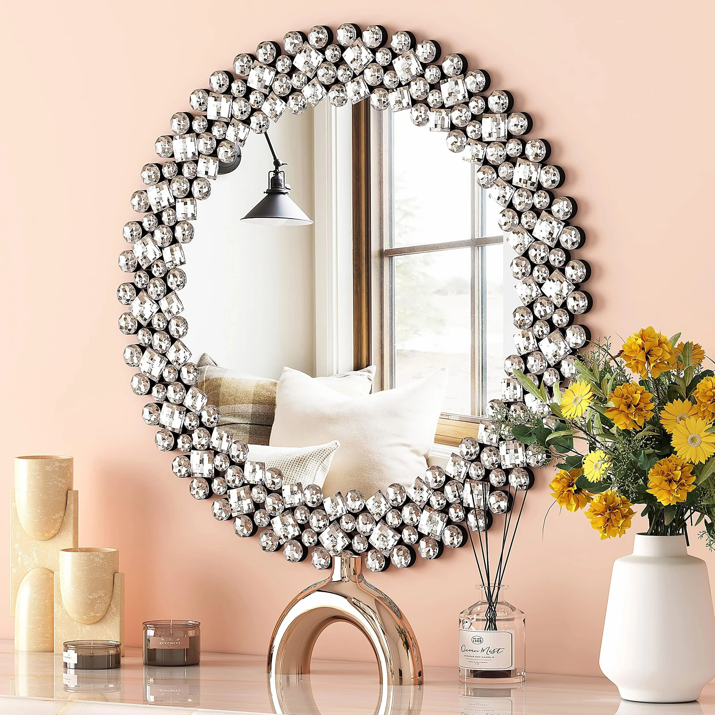 SHYFOY Espejo redondo de pared moderno con borde de joyas de cristal | Espejo redondo de lujo para baño, lavabo, salón, dormitorio, entrada | 60 x 60 cm
