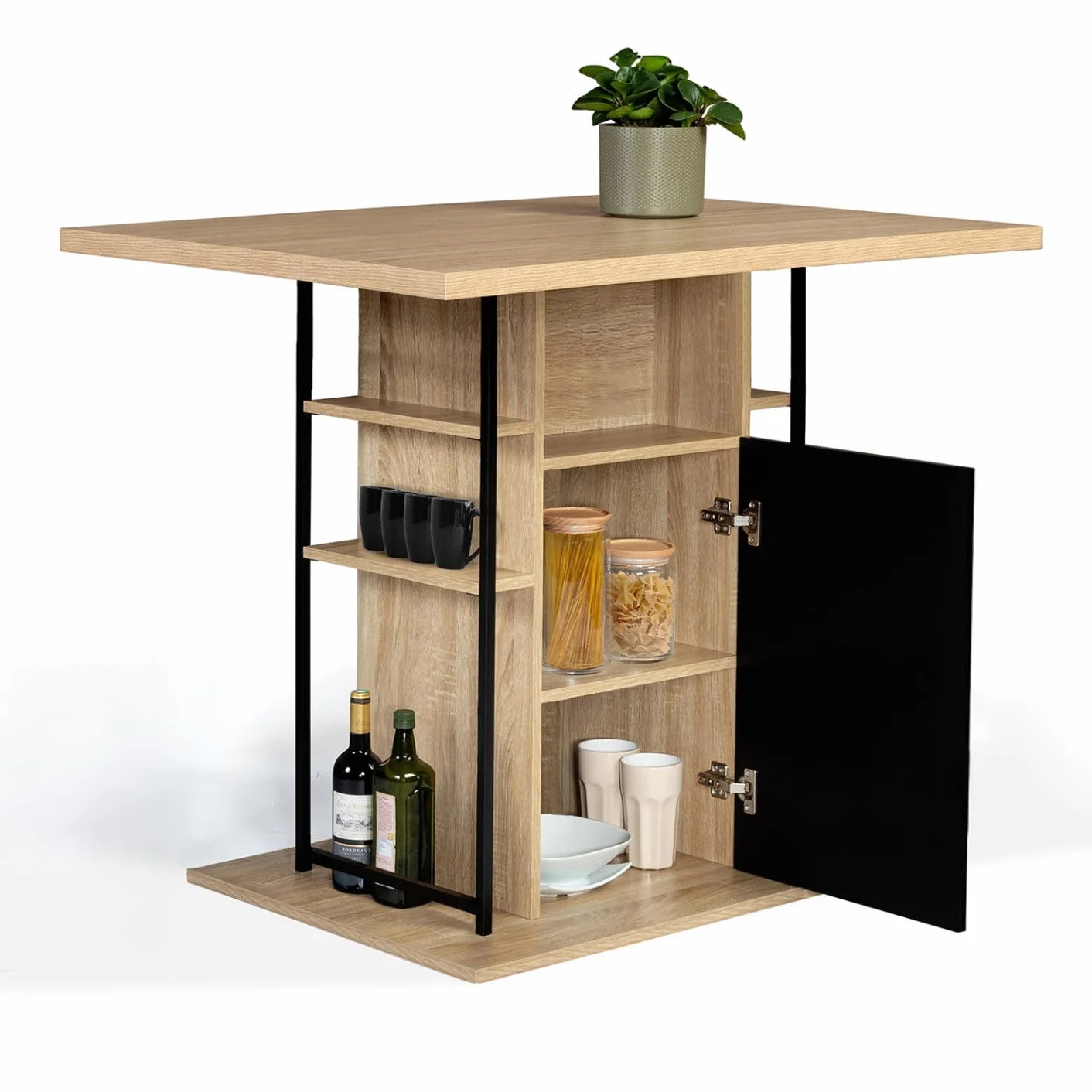 IDMarket – Isla central UGO de 110 cm en madera negra y imitación de haya con contenedores de diseño industrial