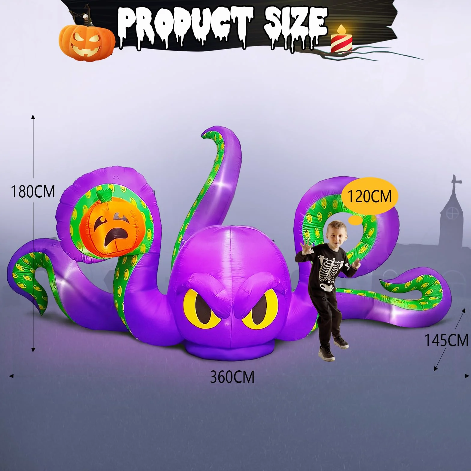 Pulpo Inflable Gigante Violeta de 360 cm, Calabaza pegajosa, con 7 Luces LED integradas, Pulpo Inflable para Fiestas de Halloween al Aire Libre, Patio, jardín, decoración de césped