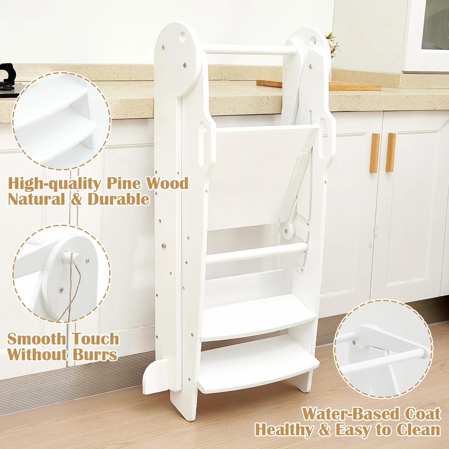 FUNLIO Taburete Plegable para niños Altura Ajustable 3 Niveles Rieles Seguridad Montessori Blanco