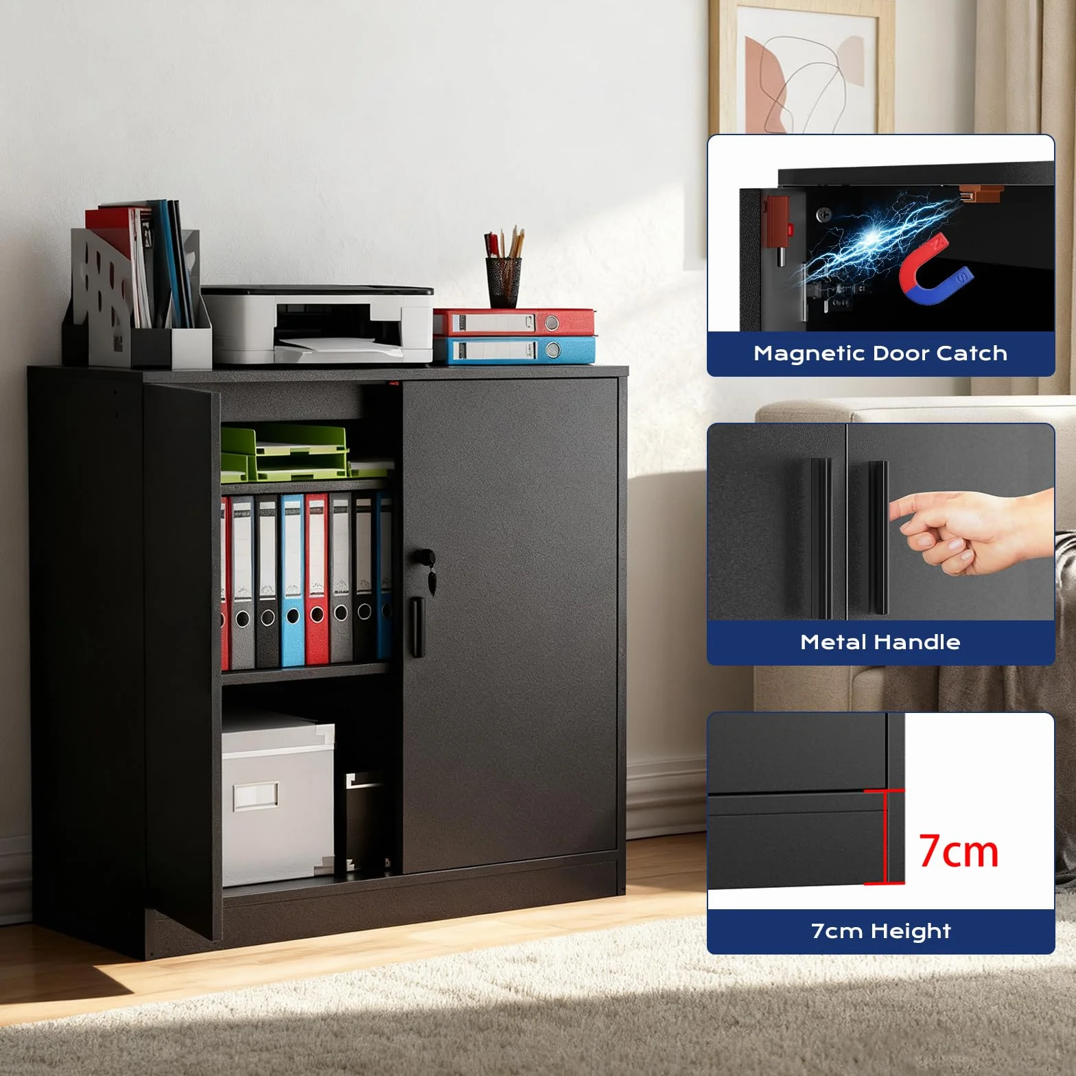 Armario Oficina con Cerradura Llave 2 Puertas, Armario Multiusos Almacenaje para Cocina Archivador Oficina Dormitorio Garaje Herramientas y Salon, Baldas Ajustable, 87 cm Fondo, Negro