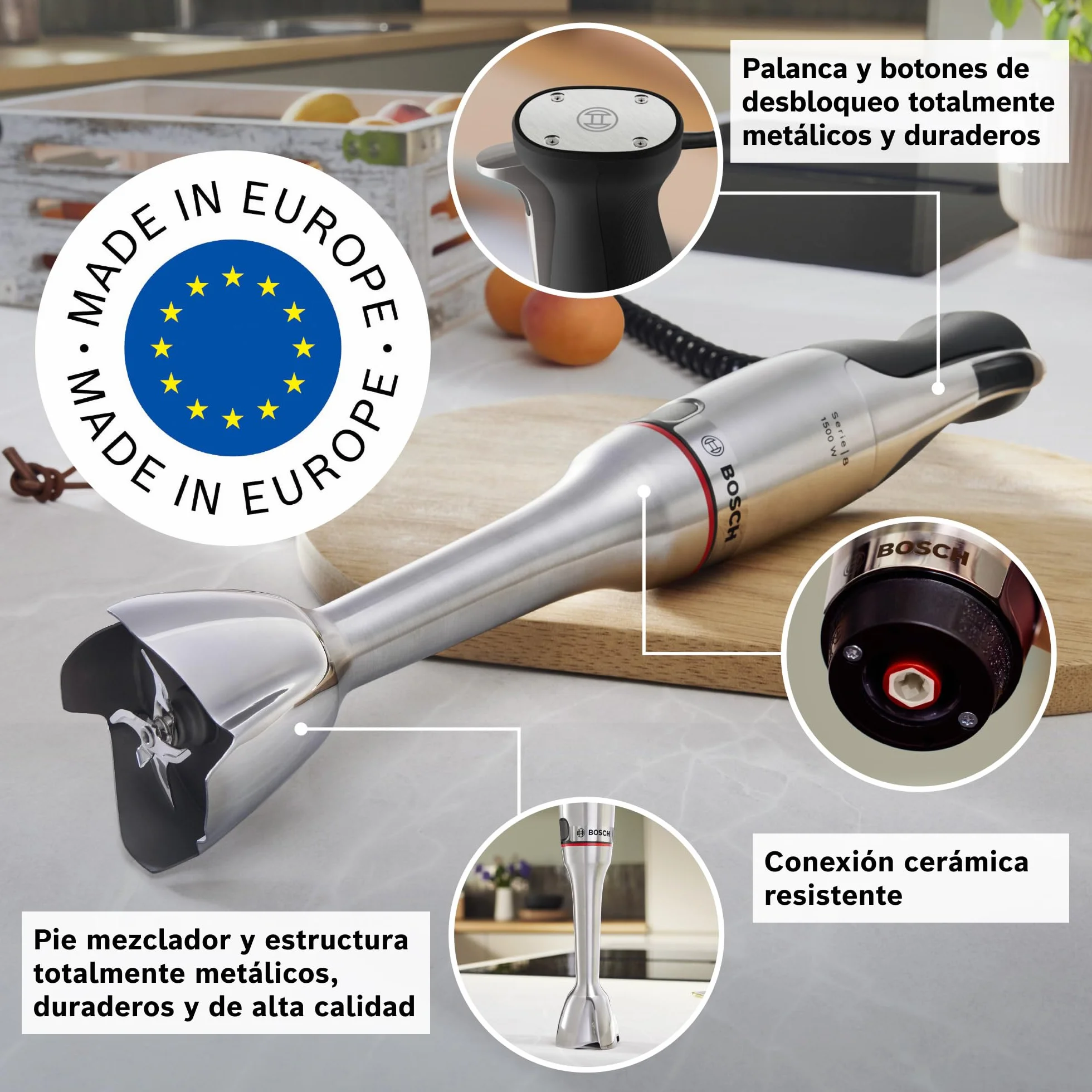 Bosch - Batidora de mano, serie ErgoMaster 8, motor de 1500 vatios, ajuste intuitivo de la velocidad, cuchilla de 6 hojas, accesorios incluidos, acero inoxidable, MSM8M934