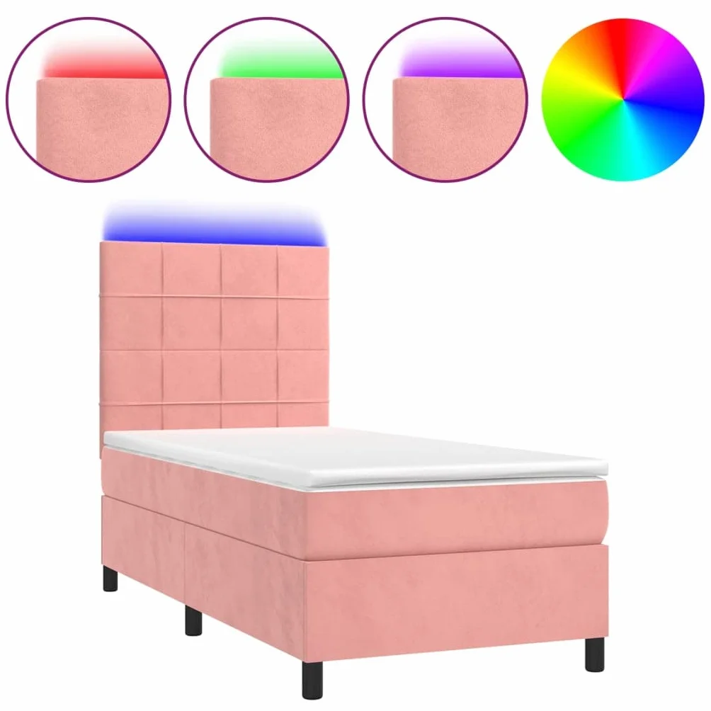 Cama con somier rosa de 90 x 190 cm con LED y colchón, funda de terciopelo de lujo, cabecero regulable en altura, ahorra espacio, cama individual para jóvenes y dormitorios de invitados
