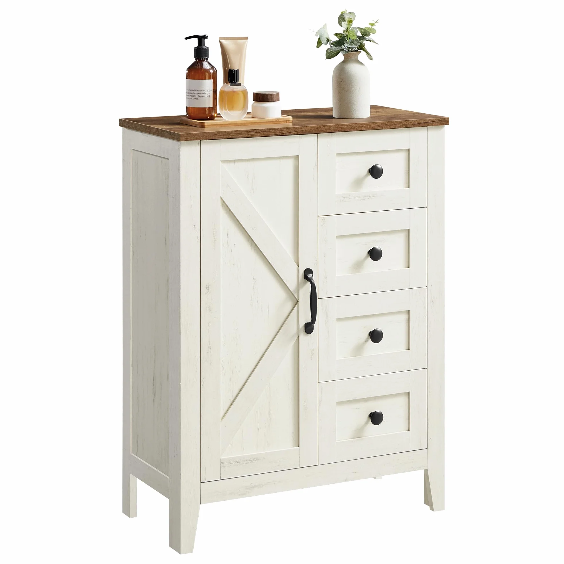 VASAGLE LIRY Colección - Armario de Almacenamiento, Mueble de Baño Estilo Campo con 4 Cajones, Organizador Independiente, Puerta de Granero, Estante Ajustable, Blanco Rústico BBK753W01