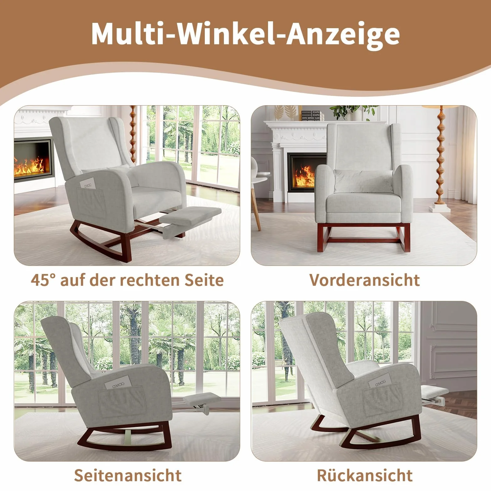 Silla Mecedora con reposabrazos y Bolsillos Laterales, Patas de Madera Maciza, Silla de relajación para Lactancia, Adecuada para Sala de Estar y Dormitorio, con cojín Acolchado (Gris)