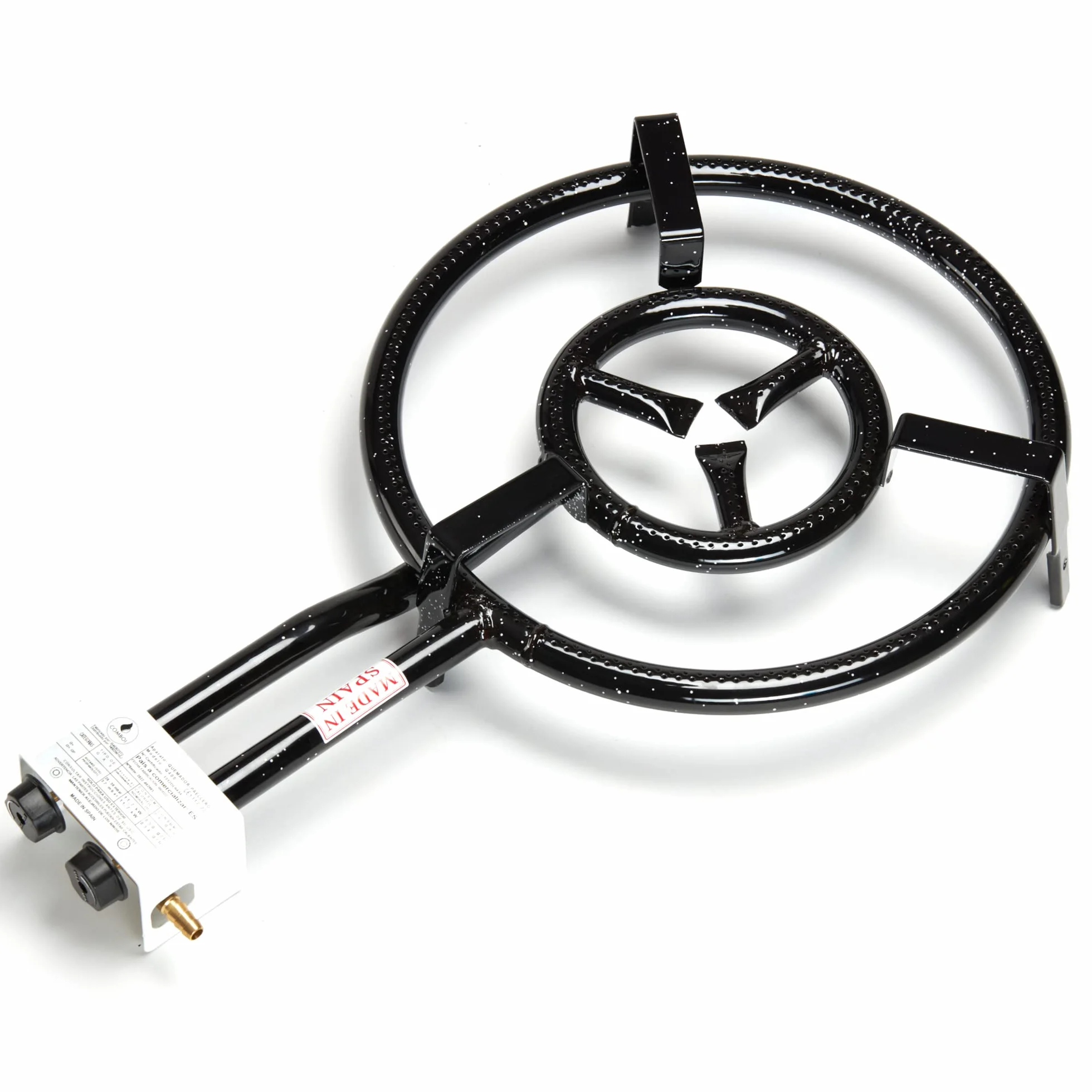 COMBOI Kit Paellero-Quemador de gas butano 40 cm de 2 fuegos, paellera de 46 cm + asador grill 46 cm, Soporte Patas reforzadas, nivel, delantal, libro de recetas digital.