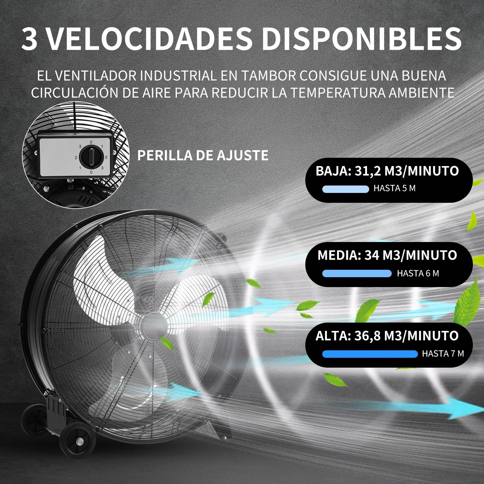 COSTWAY Ventilador Industrial de 180W, Ø65cm Ventilador de Suelo con Asa Lateral, 2 Ruedas, Soporte Antideslizante, 3 Velocidades, 3 Aspas Metálicas, Potente de Aluminio para Garaje y Almacén (Negro)