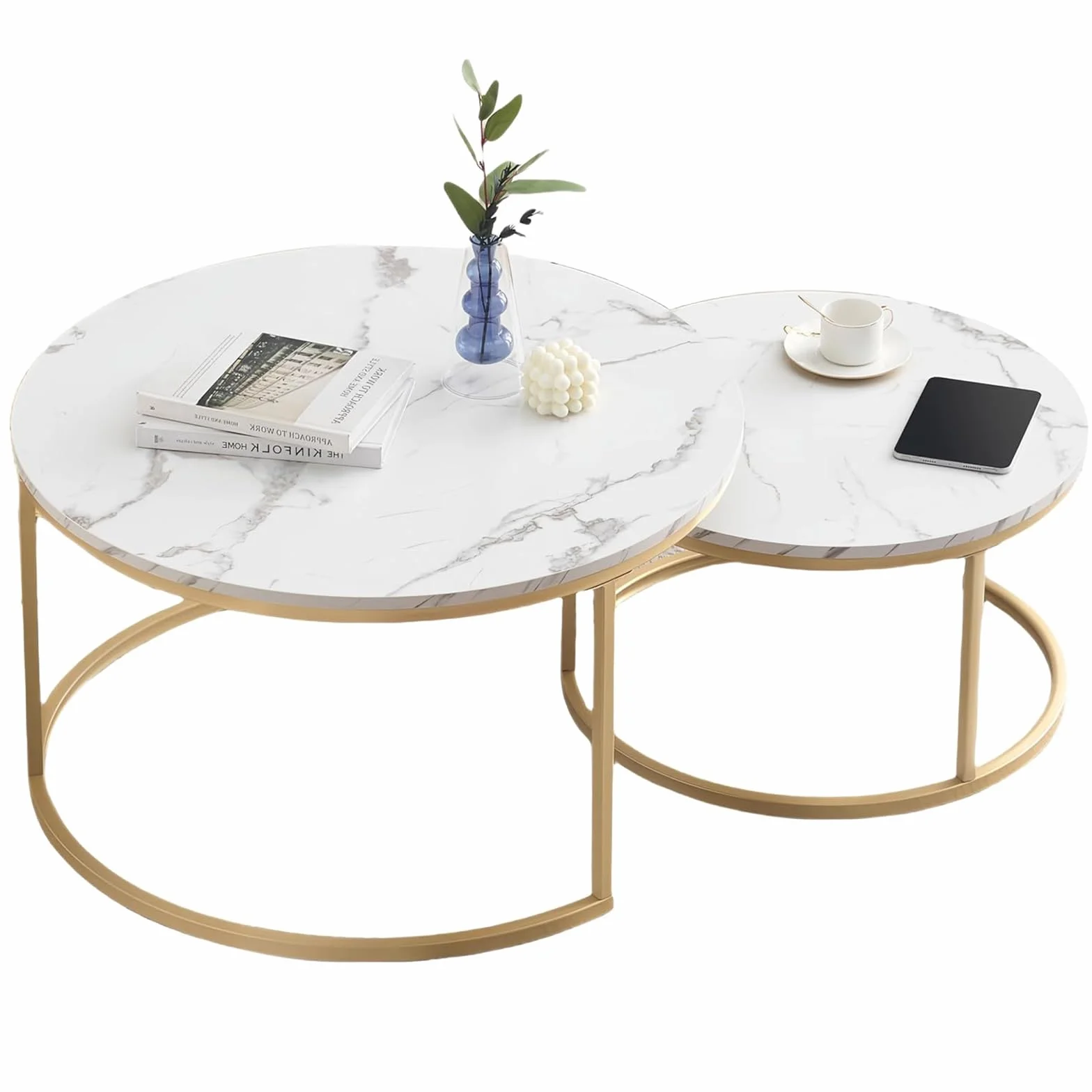 Juego de 2 mesas de centro redondas con aspecto de mármol, mesa auxiliar para salón, 80 x 45 cm de diámetro y 60 x 35 cm (blanco y dorado)