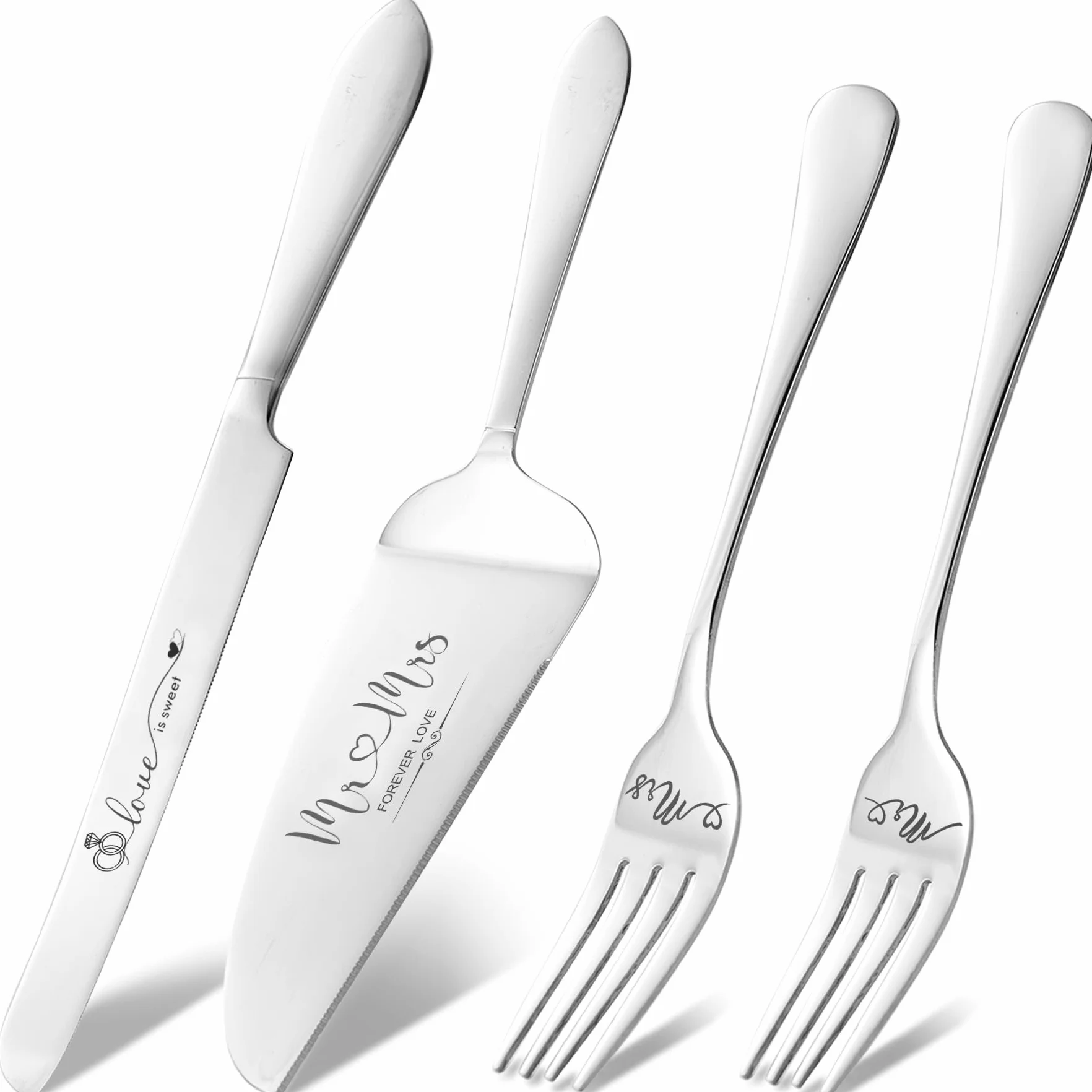 Juego de cuchillo y servidor para tartas de boda, tenedores y juego de corte de pasteles para boda para parejas 2024 (plateado)