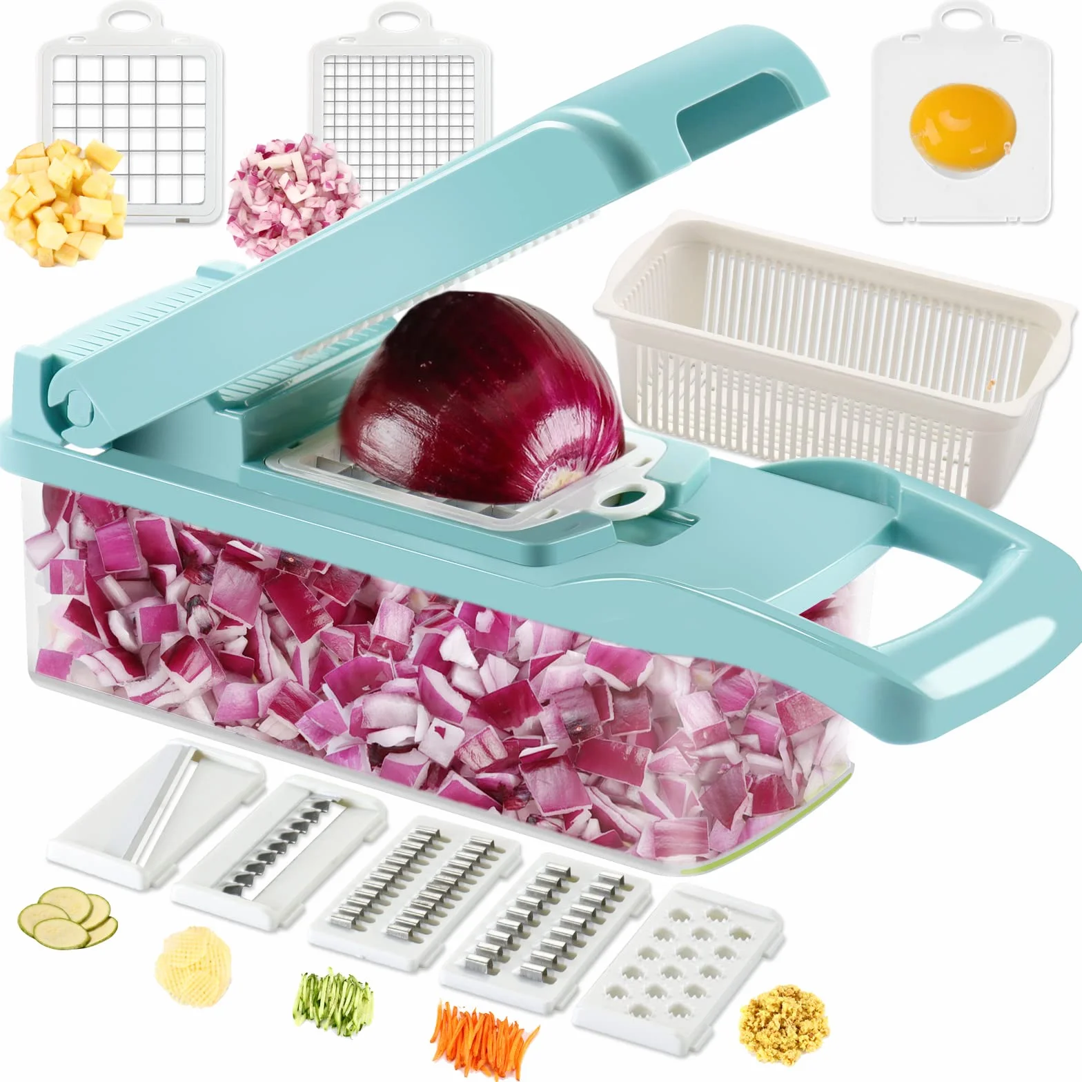 Ourokhome Cortador de mandolina en dados de verduras, 7 cuchillas, práctico triturador de cebolla con separador de huevos y colador para cocina, múltiples usos (azul)