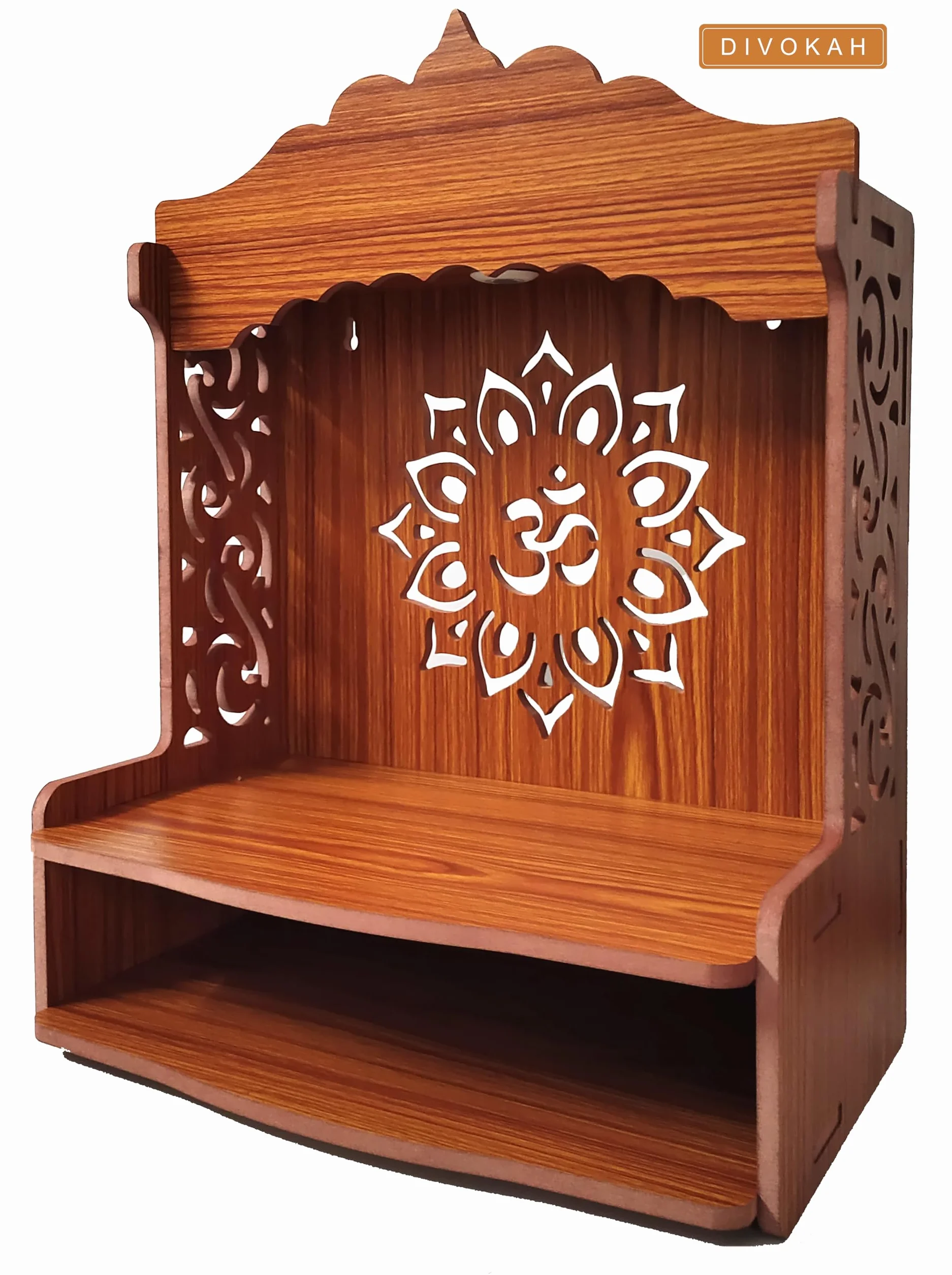 DIVOKAH Hermoso Pooja Mandir de madera para el hogar/templo para el hogar y la oficina/Puja Mandir/Puja Stand/Pooja Mandapam con foco LED (8 mm de grosor de madera contrachapada) (WDN LED OMFLV)