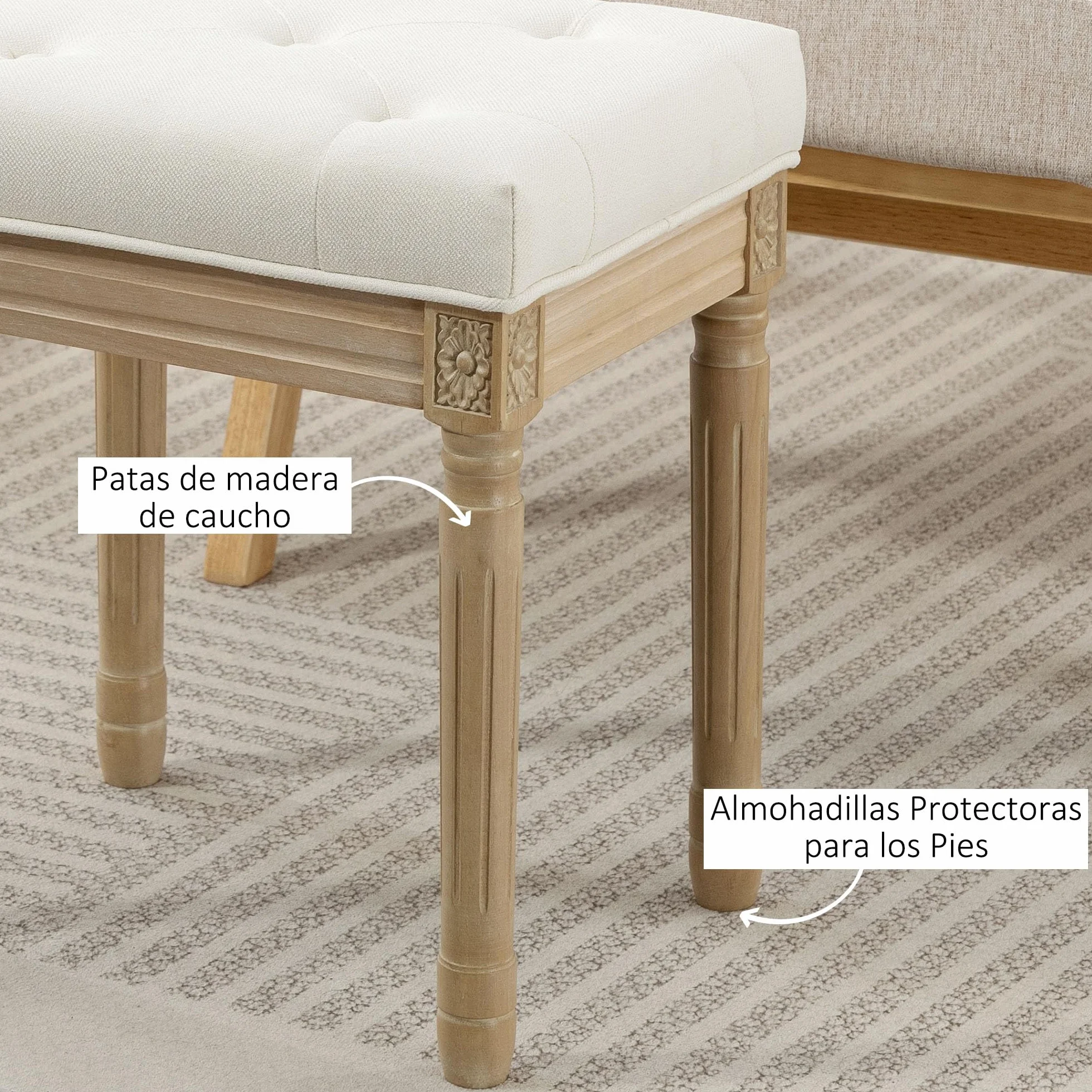 HOMCOM Reposapiés Salón Rústico Tapizado para Dormitorio Sofá Beige | Taburete Bajo, Lino Sintético, Patas Talladas de Madera, Otomana