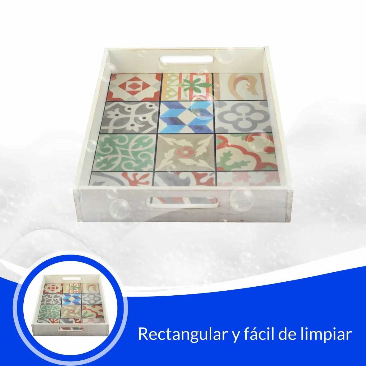 Bandeja para Servir Comida con Asas - Rectangular con Base Hidráulica - 45 x 36 x 7 cm - Ideal para Aperitivo y Desayuno en la Cama - Fabricada en España - Hostelnovo
