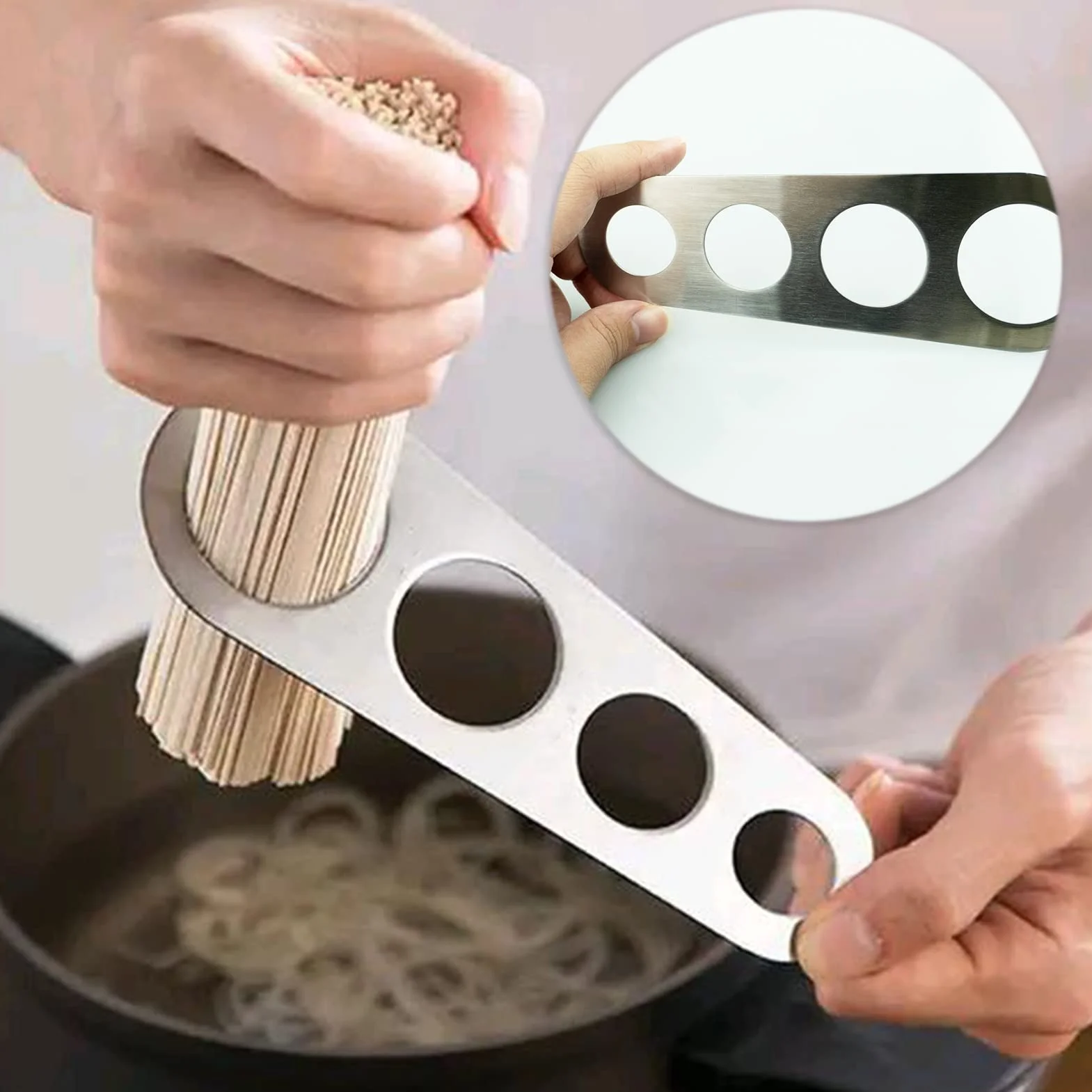 Medidor de espaguetis de acero inoxidable de 4 agujeros, medida de pasta, control de porciones