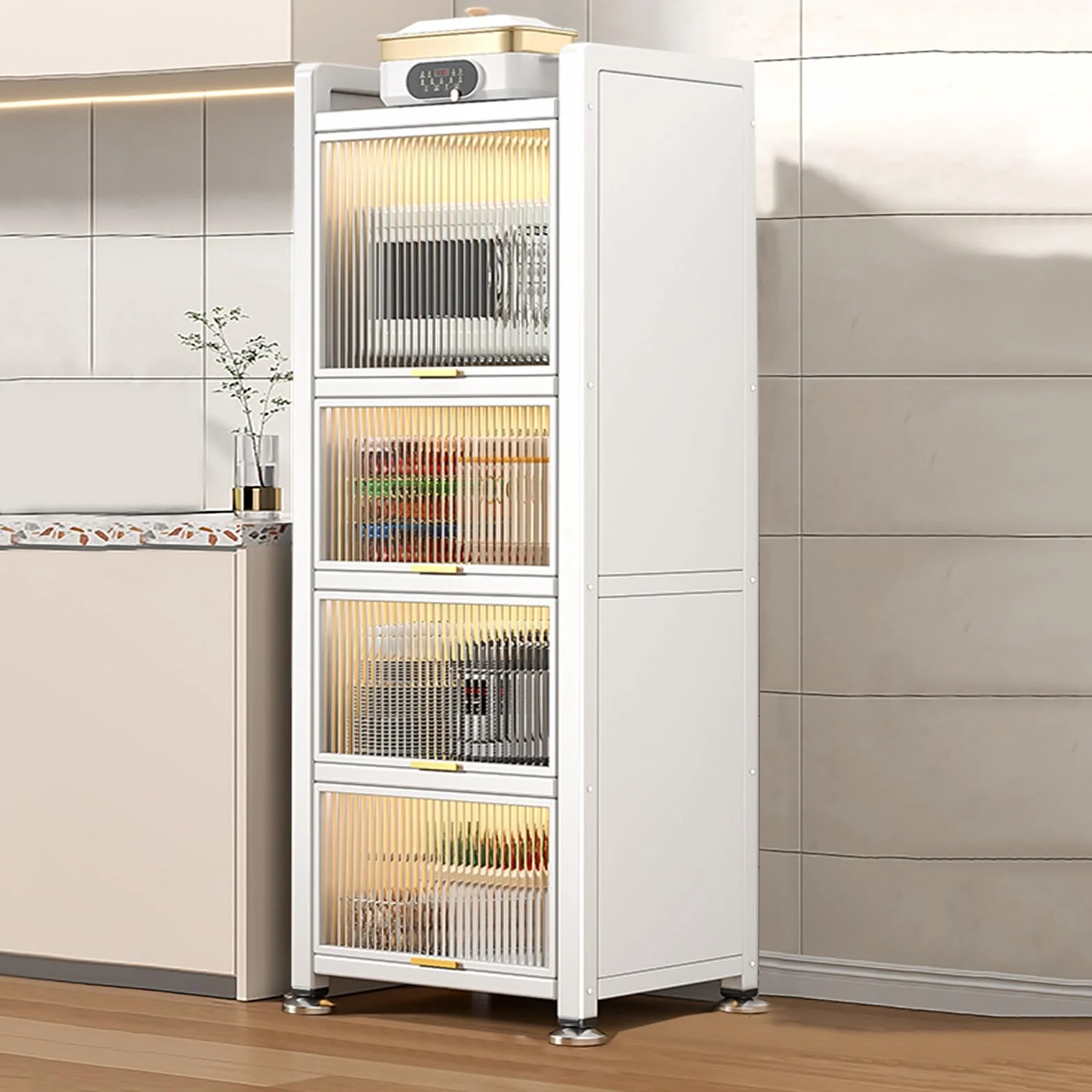 Gabinete de almacenamiento de cocina blanco, estante para panaderos con puertas transparentes, estantes de despensa, almacenamiento versátil para electrodomésticos de cocina (50 x 154 x 36 cm)