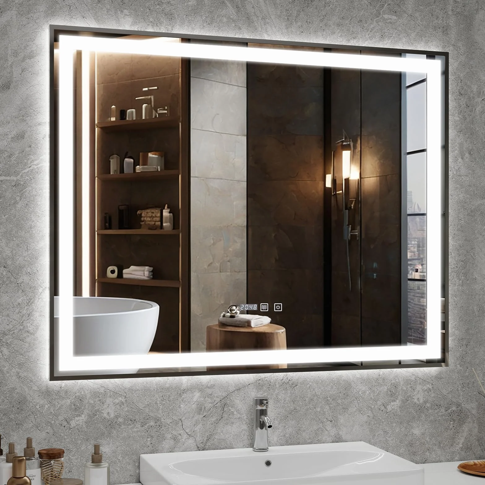 YU YUSING Espejo Baño con Luz 100 x 80 cm, Espejo de Pared LED con 3 Colores, Luz Ajustable, Interruptor Táctil, Visualización de Tiempo, Marco de Metal, Antivaho, IP44, Horizontal, Plata